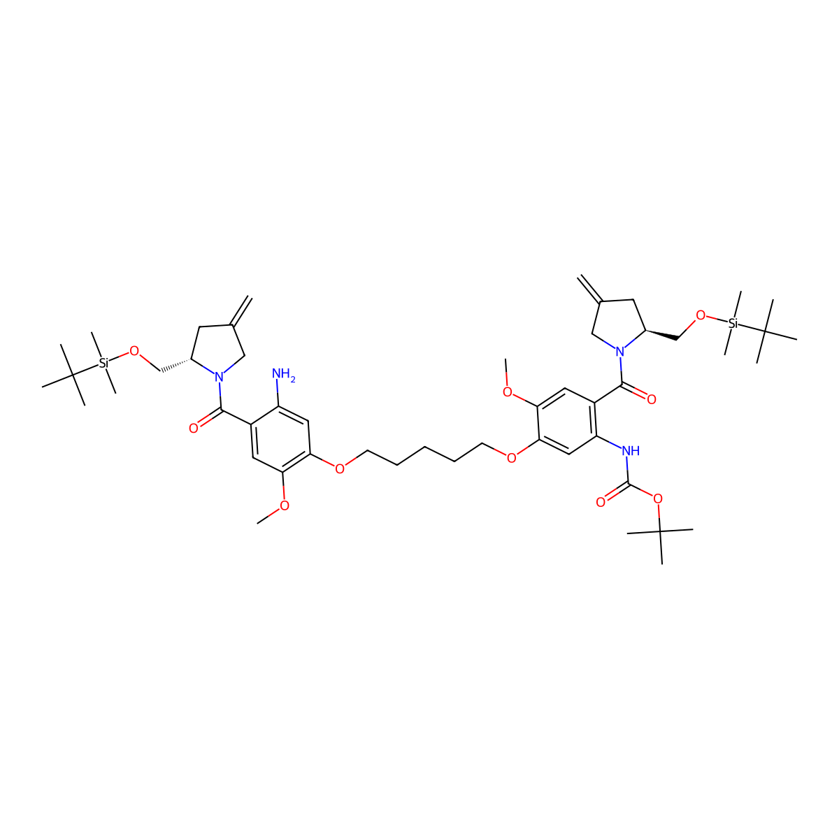 tert-Butyl (5-((5-(5-amino-4-((S)-2-(((tert-butyldimethylsilyl)oxy)methyl)-4-methylenepyrrolidine-1-carbonyl)-2-methoxyphenoxy)pentyl)oxy)-2-((S)-2-(((tert-butyldimethylsilyl)oxy)methyl)-4-methylenepyrrolidine-1-carbonyl)-4-methoxyphenyl)carbamate molecular structure, CAS 1430463-95-8