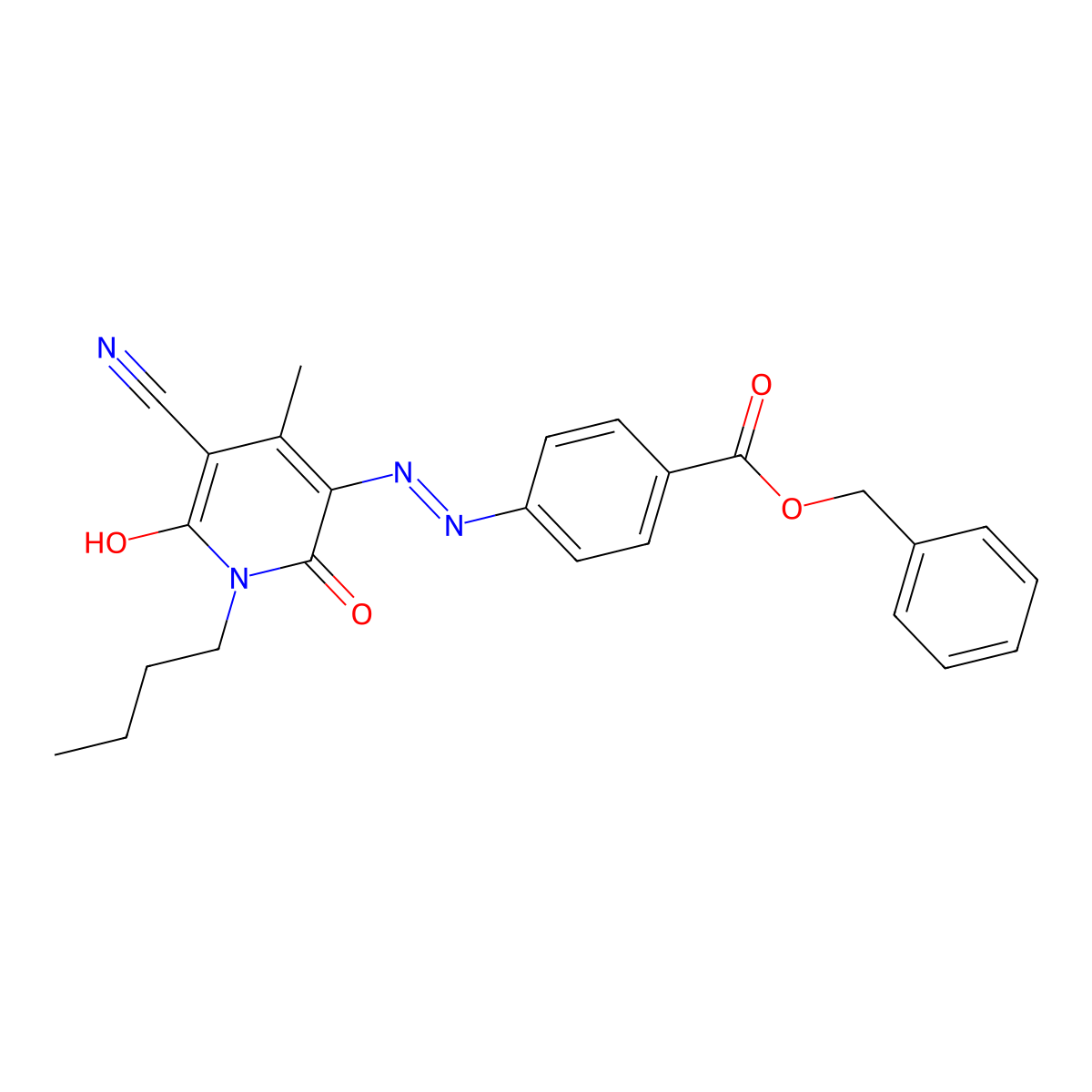 Benzoic acid, 4-[(1-butyl-5-cyano-1,6-dihydro-2-hydroxy-4-methyl-6-oxo-3-pyridinyl)azo]-, phenylmethyl ester molecular structure, CAS 143067-35-0