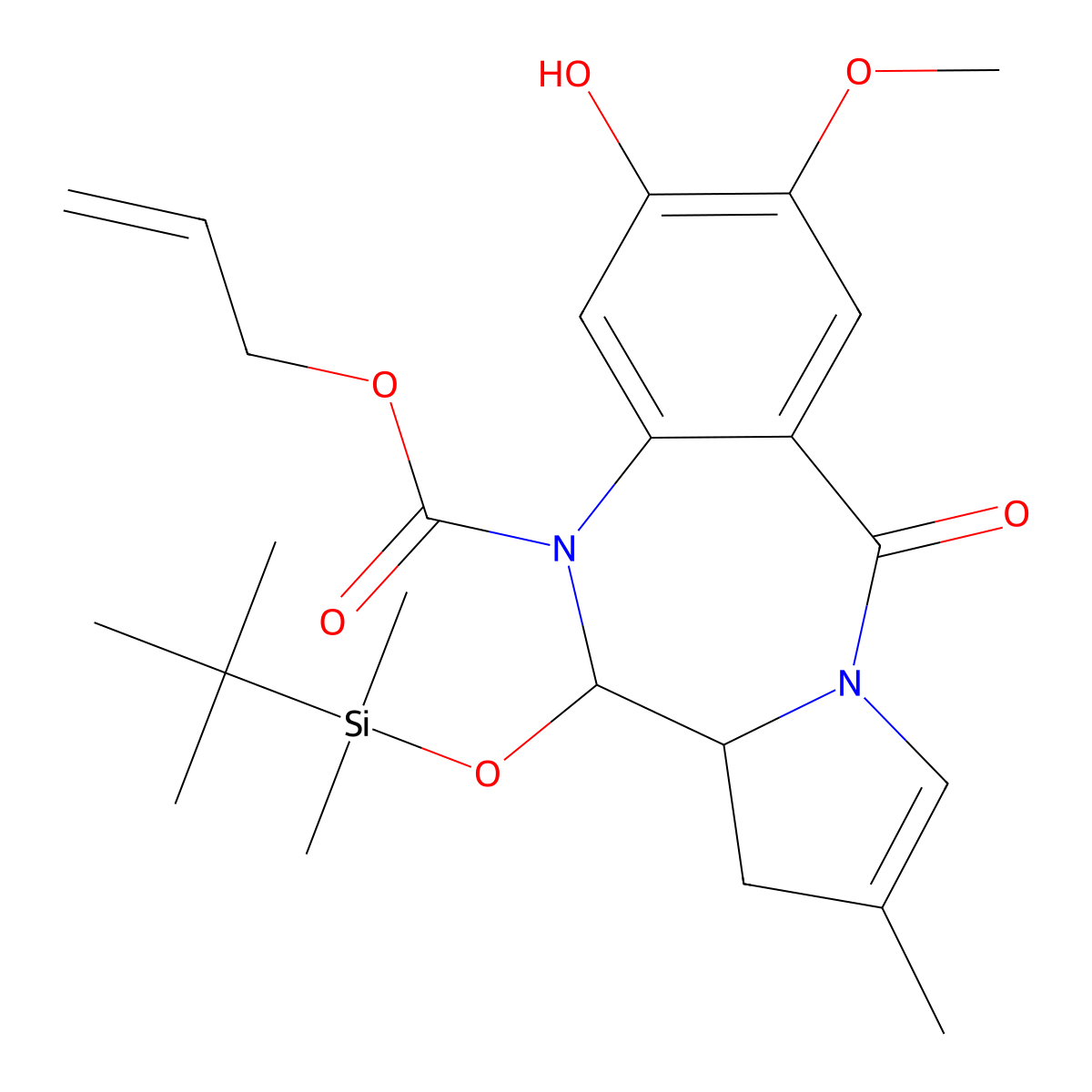 Allyl (11S,11aS)-11-((tert-butyldimethylsilyl)oxy)-8-hydroxy-7-methoxy-2-methyl-5-oxo-11,11a-dihydro-1H-benzo[e]pyrrolo[1,2-a][1,4]diazepine-10(5H)-carboxylate molecular structure, CAS 1430738-28-5