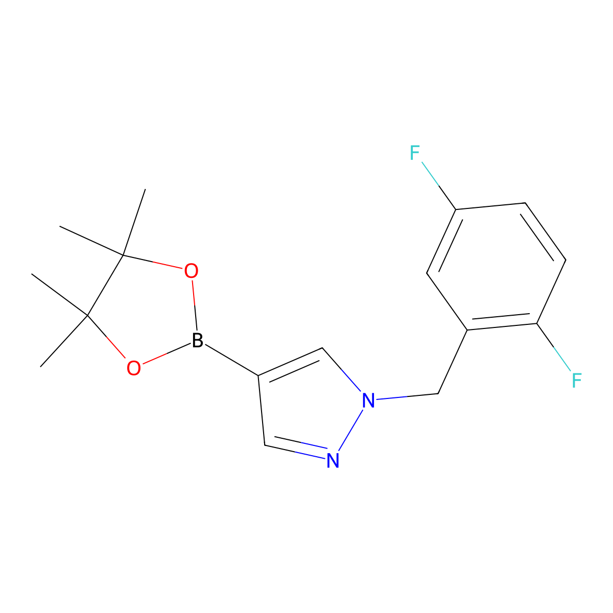 1H-Pyrazole, 1-[(2,5-difluorophenyl)methyl]-4-(4,4,5,5-tetramethyl-1,3,2-dioxaborolan-2-yl)- molecular structure, CAS 1430751-16-8