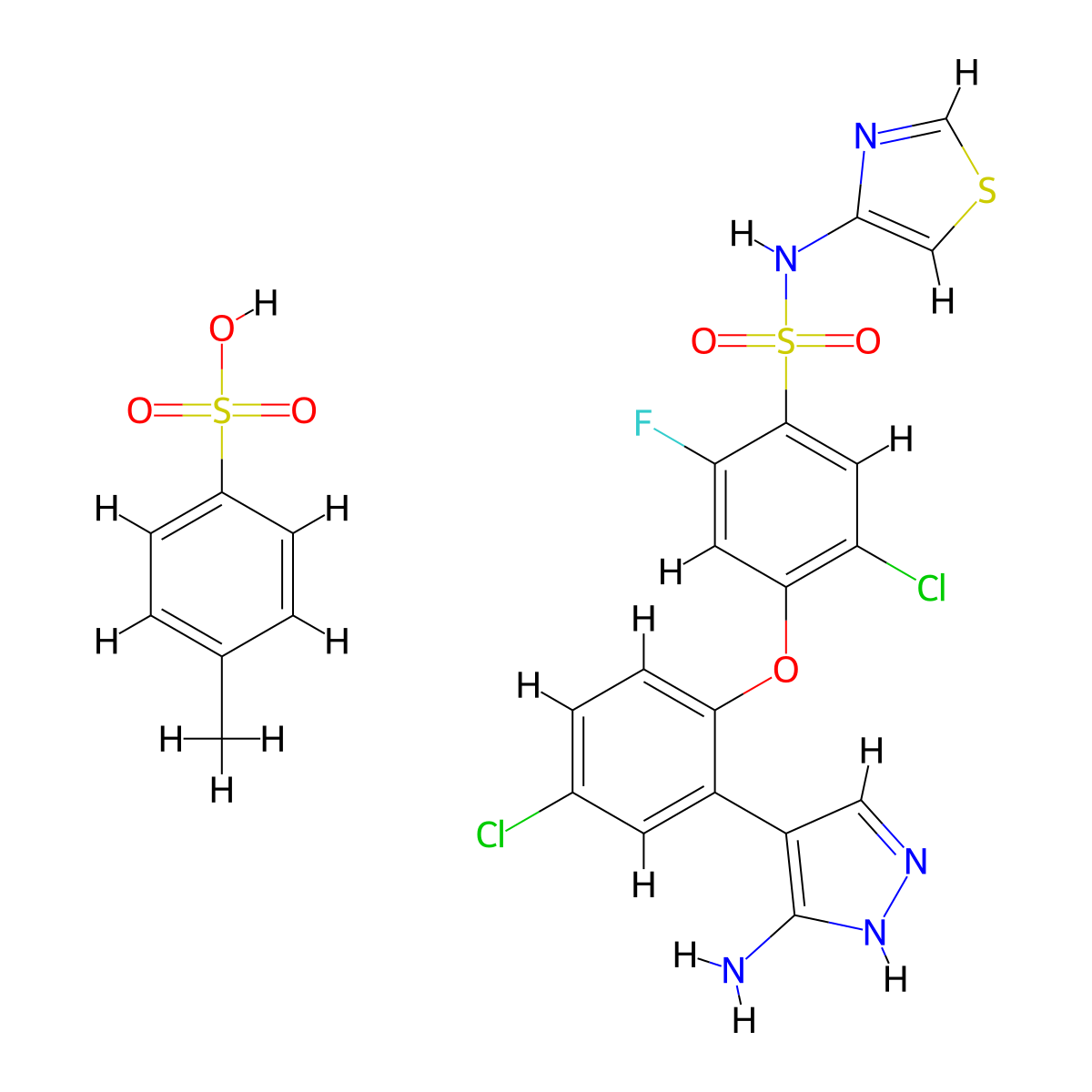 Benzenesulfonamide, 4-(2-(3-amino-1H-pyrazol-4-yl)-4-chlorophenoxy)-5-chloro-2-fluoro-N-4-thiazolyl-, 4-methylbenzenesulfonate (1:1) molecular structure, CAS 1430806-04-4