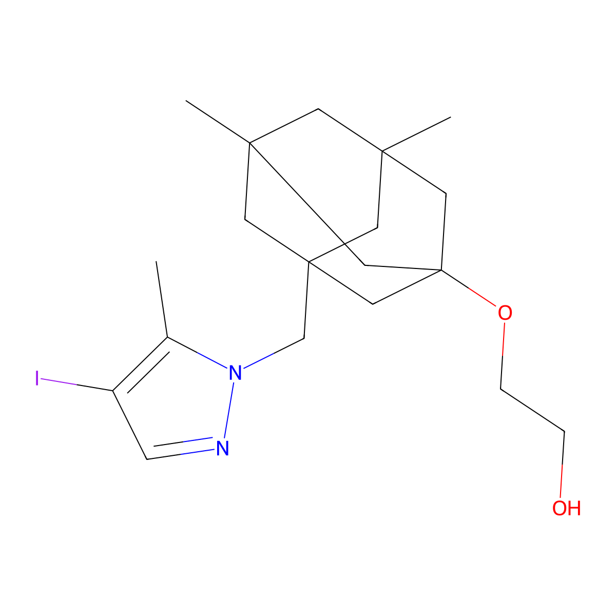 2-((3-((4-Iodo-5-methyl-1H-pyrazol-1-YL)methyl)-5,7-dimethyladamantan-1-YL)oxy)ethan-1-OL molecular structure, CAS 1430847-39-4