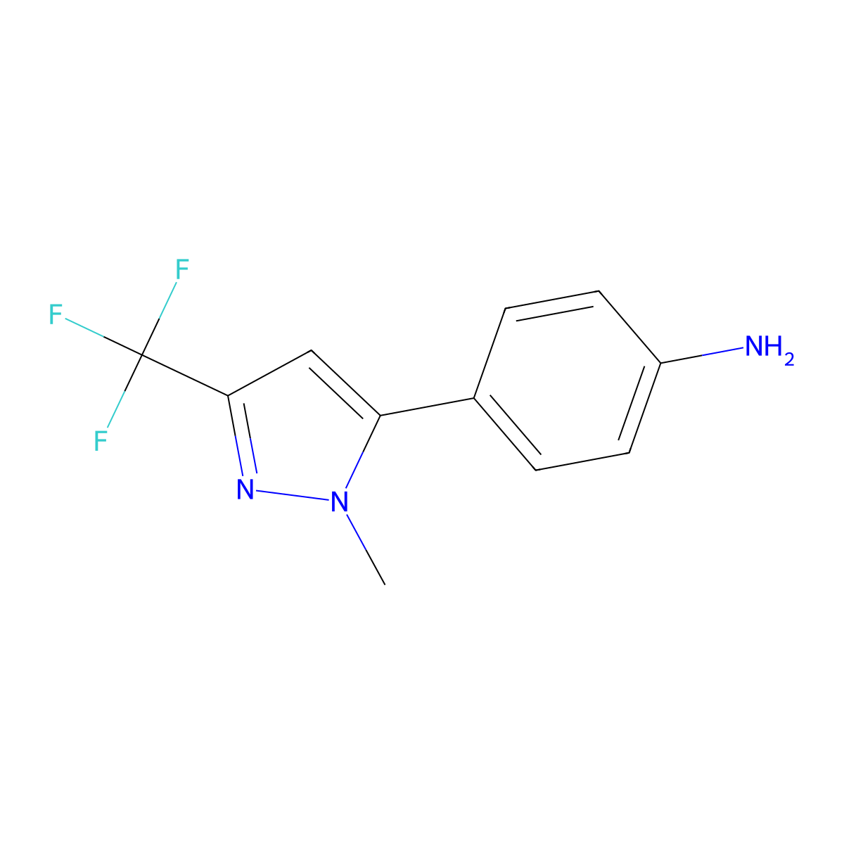 4-[1-methyl-3-(trifluoromethyl)-1H-pyrazol-5-yl]aniline molecular structure, CAS 1431386-75-2