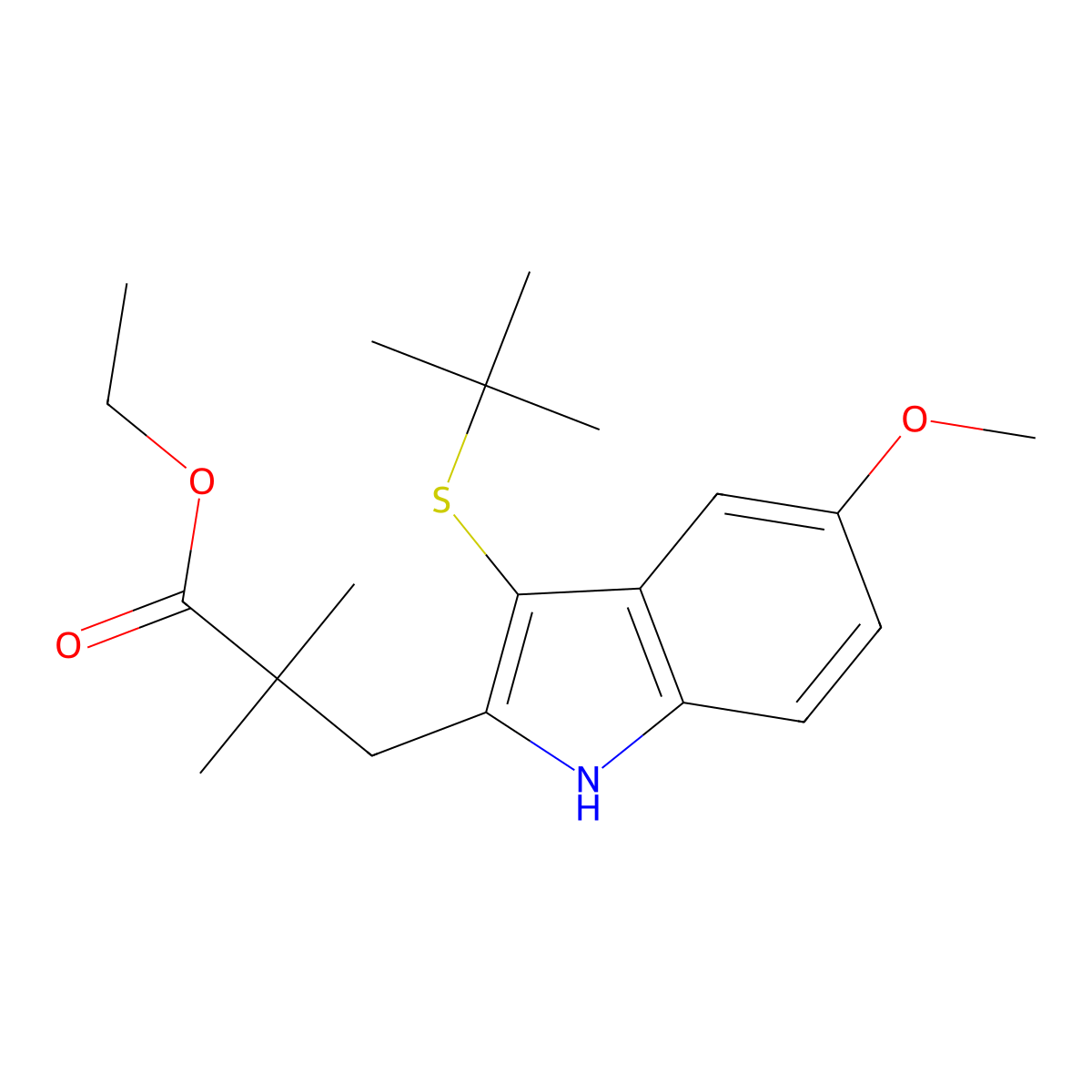 ethyl 3-(3-(tert-butylthio)-5-methoxy-1H-indol-2-yl)-2,2-dimethylpropanoate molecular structure, CAS 1431697-75-4