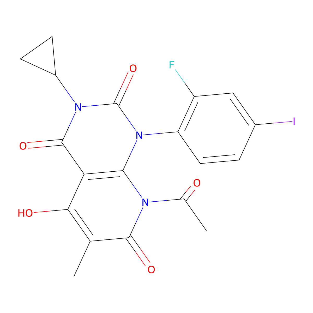 8-acetyl-3-cyclopropyl-1-(2-fluoro-4-iodophenyl)-5-hydroxy-6-methylpyrido[2,3-d]pyrimidine-2,4,7(1H,3H,8H)-trione molecular structure, CAS 1431697-95-8