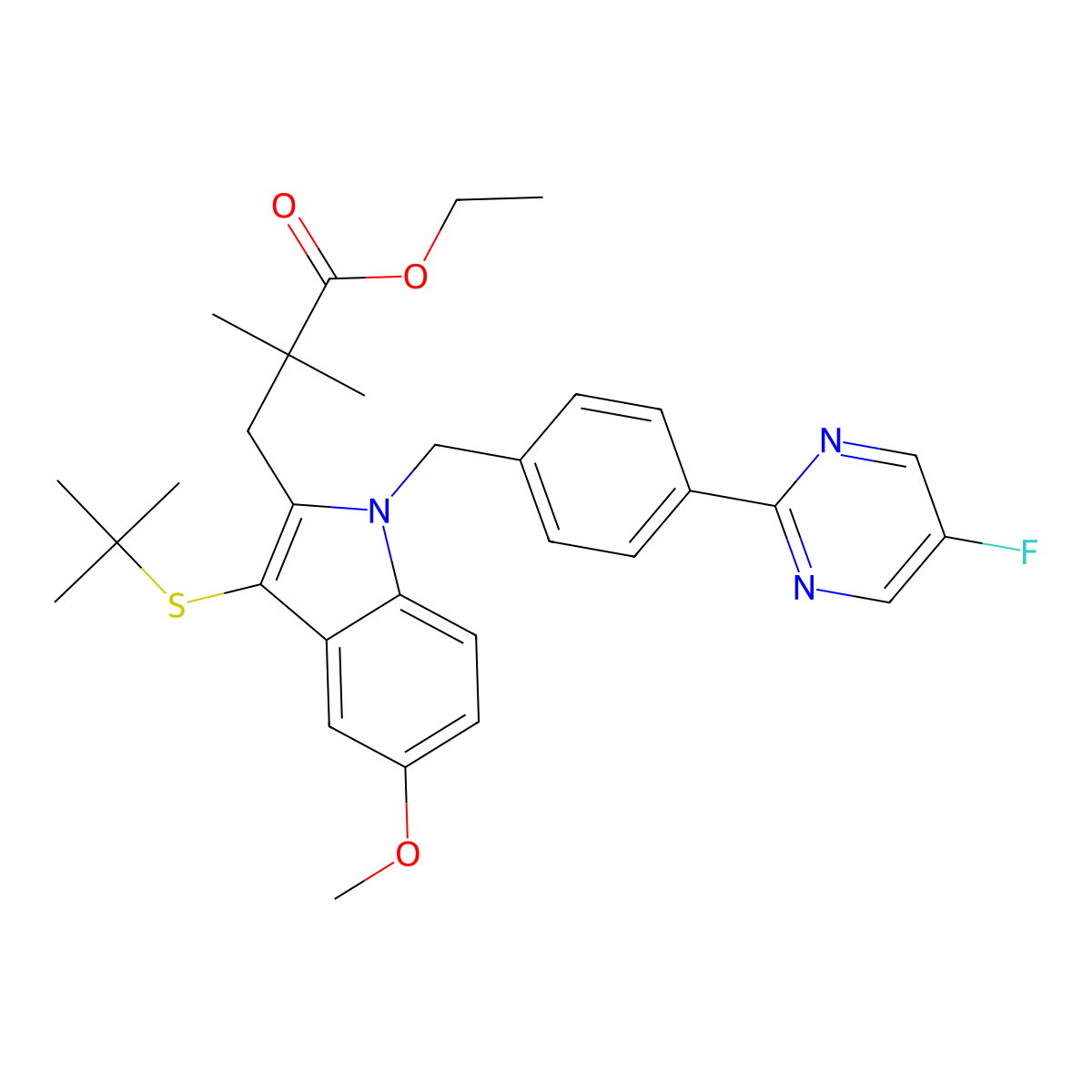 ethyl 3-(3-(tert-butylthio)-1-(4-(5-fluoropyrimidin-2-yl)benzyl)-5-methoxy-1H-indol-2-yl)-2,2-dimethylpropanoate molecular structure, CAS 1431698-04-2