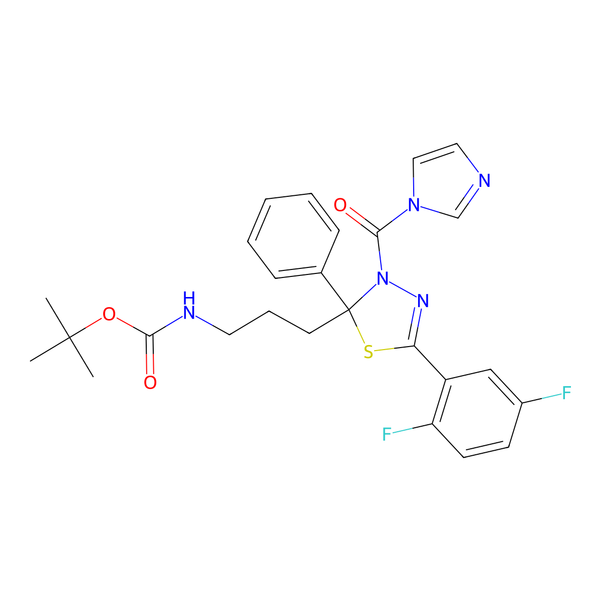 tert-butyl (3-(5-(2,5-difluorophenyl)-3-(1H-imidazole-1-carbonyl)-2-phenyl-2,3-dihydro-1,3,4-thiadiazol-2-yl)propyl)carbamate molecular structure, CAS 1431698-07-5