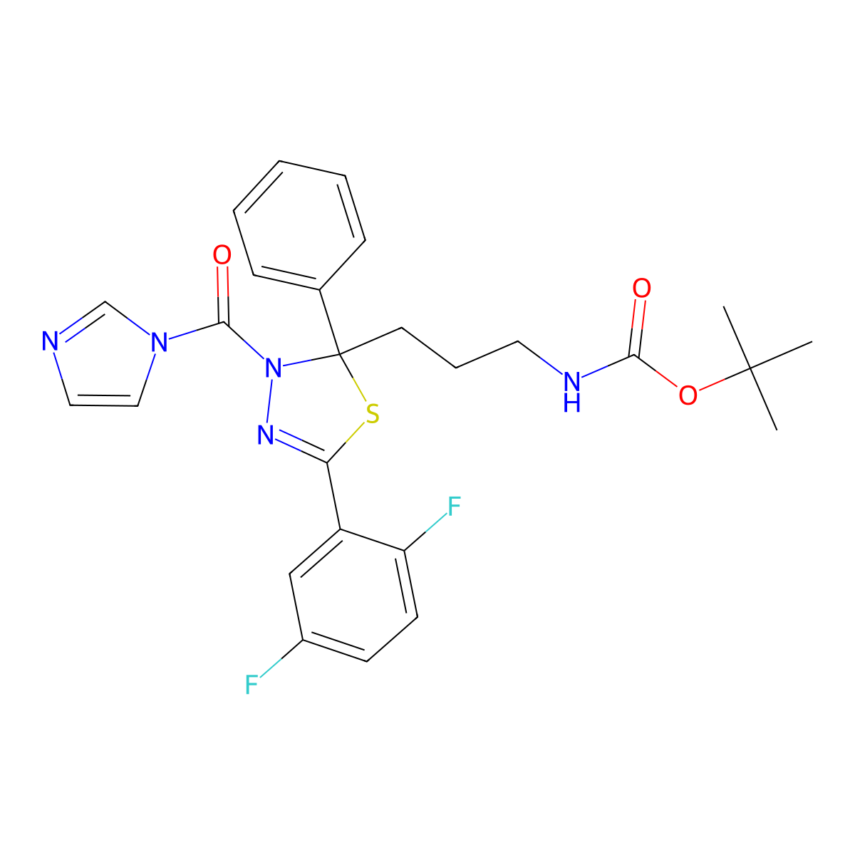 tert-butyl (3-(5-(2,5-difluorophenyl)-3-(1H-imidazole-1-carbonyl)-2-phenyl-2,3-dihydro-1,3,4-thiadiazol-2-yl)propyl)carbamate molecular structure, CAS 1431698-07-5