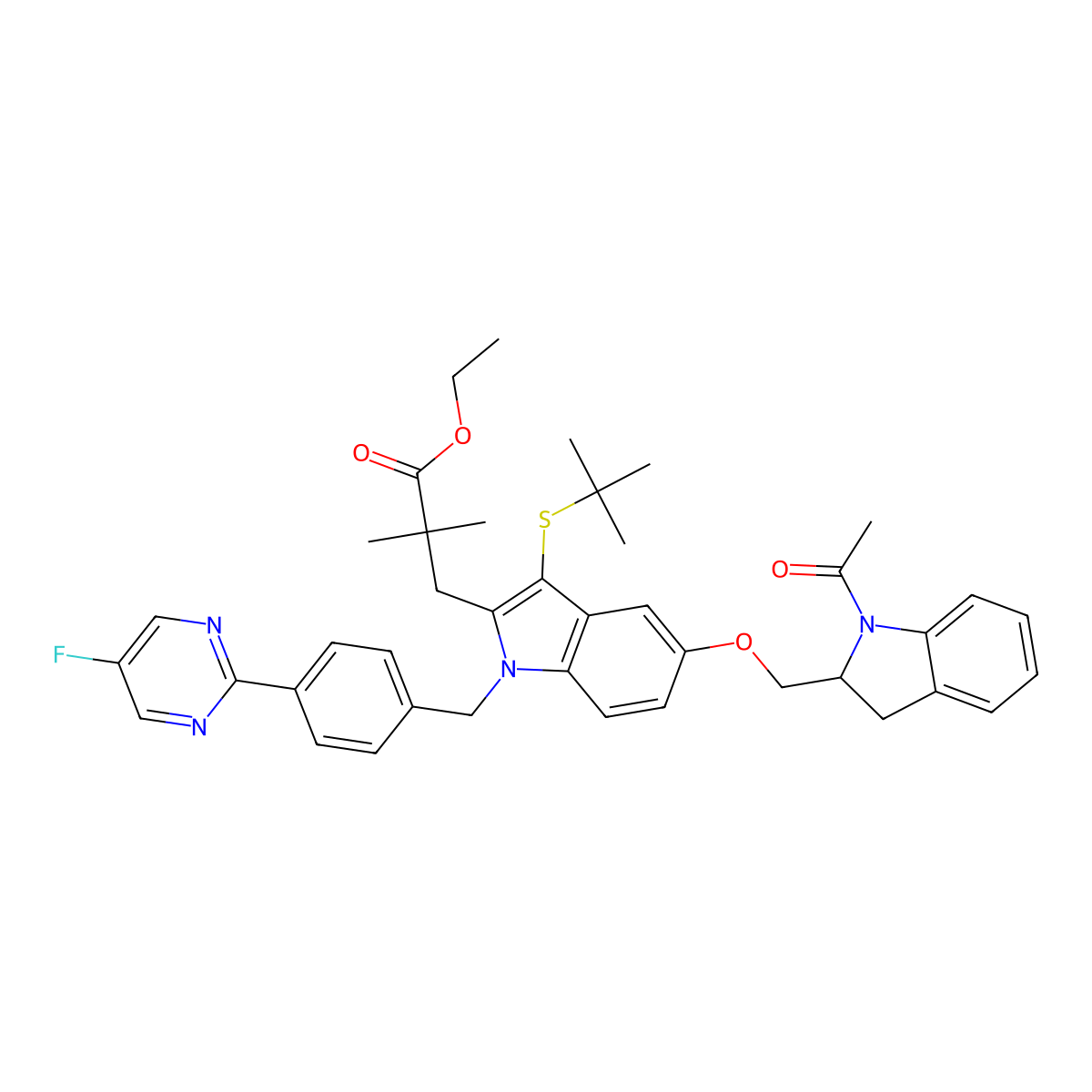 (S)-ethyl 3-(5-((1-acetylindolin-2-yl)methoxy)-3-(tert-butylthio)-1-(4-(5-fluoropyrimidin-2-yl)benzyl)-1H-indol-2-yl)-2,2-dimethylpropanoate molecular structure, CAS 1431699-64-7