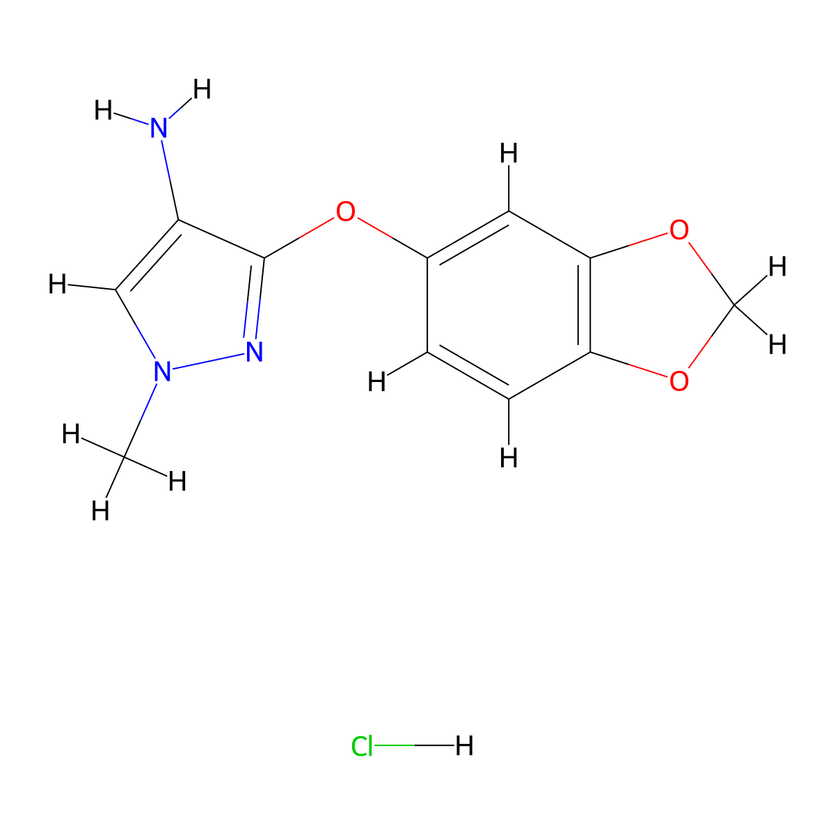 3-(1,3-dioxaindan-5-yloxy)-1-methyl-1H-pyrazol-4-amine hydrochloride molecular structure, CAS 1431963-30-2