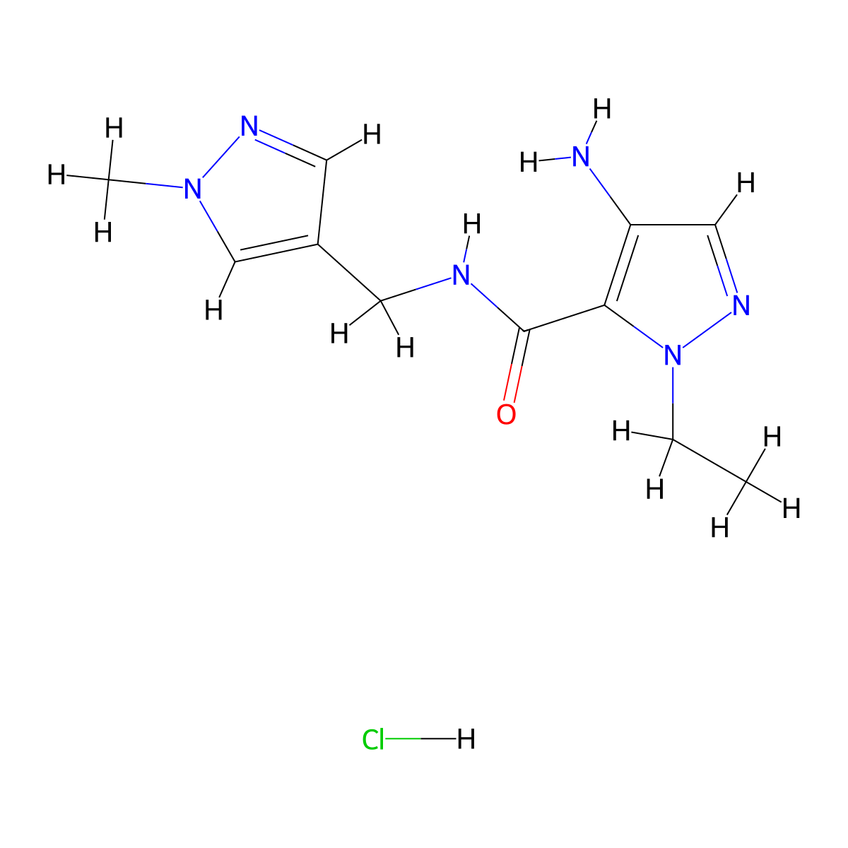 4-Amino-1-ethyl-N-[(1-methyl-1H-pyrazol-4-yl)methyl]-1h-pyrazole-5-carboxamide hydrochloride molecular structure, CAS 1431963-65-3