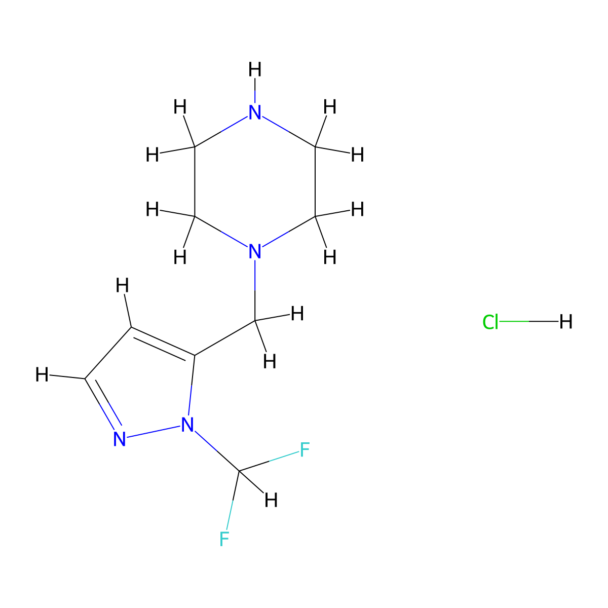 1-{[1-(Difluoromethyl)-1H-pyrazol-5-yl]methyl}piperazine hydrochloride molecular structure, CAS 1431964-10-1