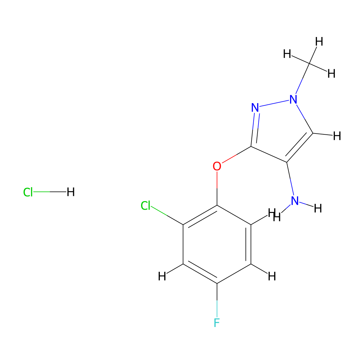 3-(2-Chloro-4-fluorophenoxy)-1-methylpyrazol-4-amine;hydrochloride molecular structure, CAS 1431964-53-2