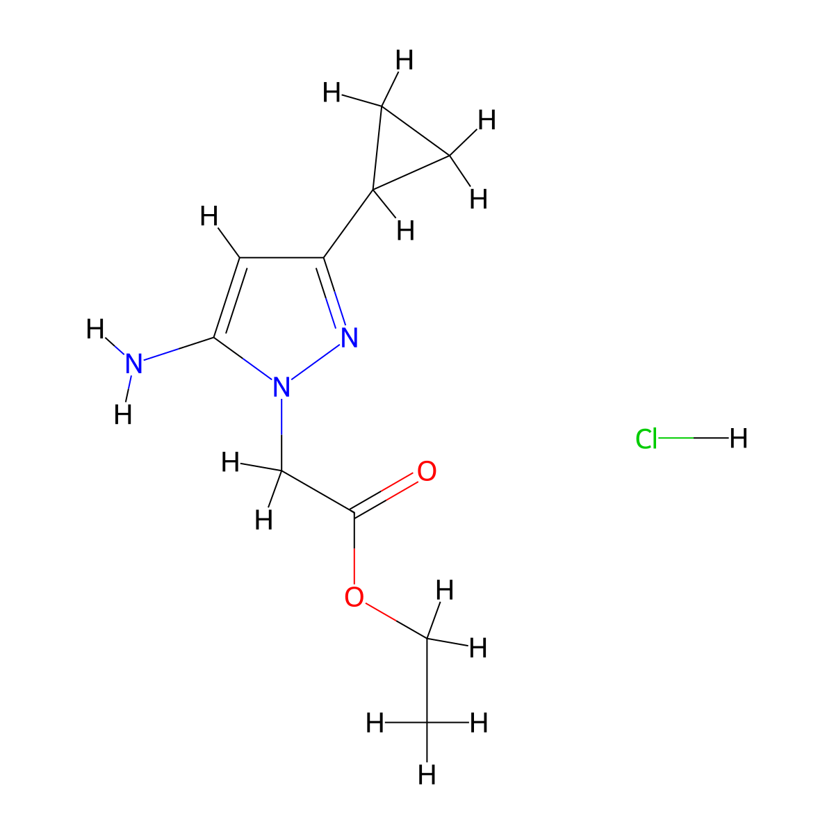 Ethyl (5-amino-3-cyclopropyl-1H-pyrazol-1-yl)acetate hydrochloride molecular structure, CAS 1431964-83-8