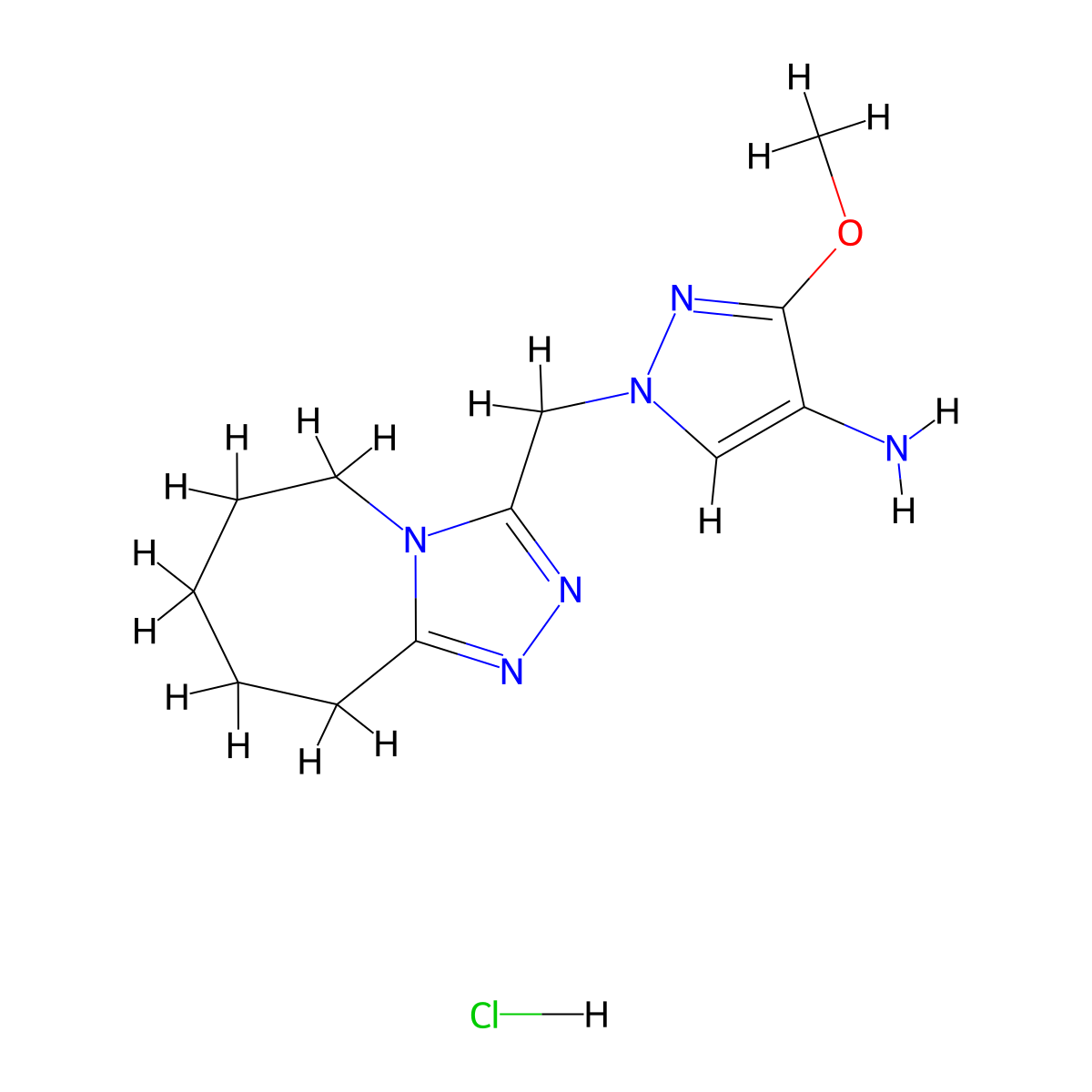 3-Methoxy-1-(6,7,8,9-tetrahydro-5H-[1,2,4]triazolo[4,3-a]azepin-3-ylmethyl)-1h-pyrazol-4-amine hydrochloride molecular structure, CAS 1431965-23-9
