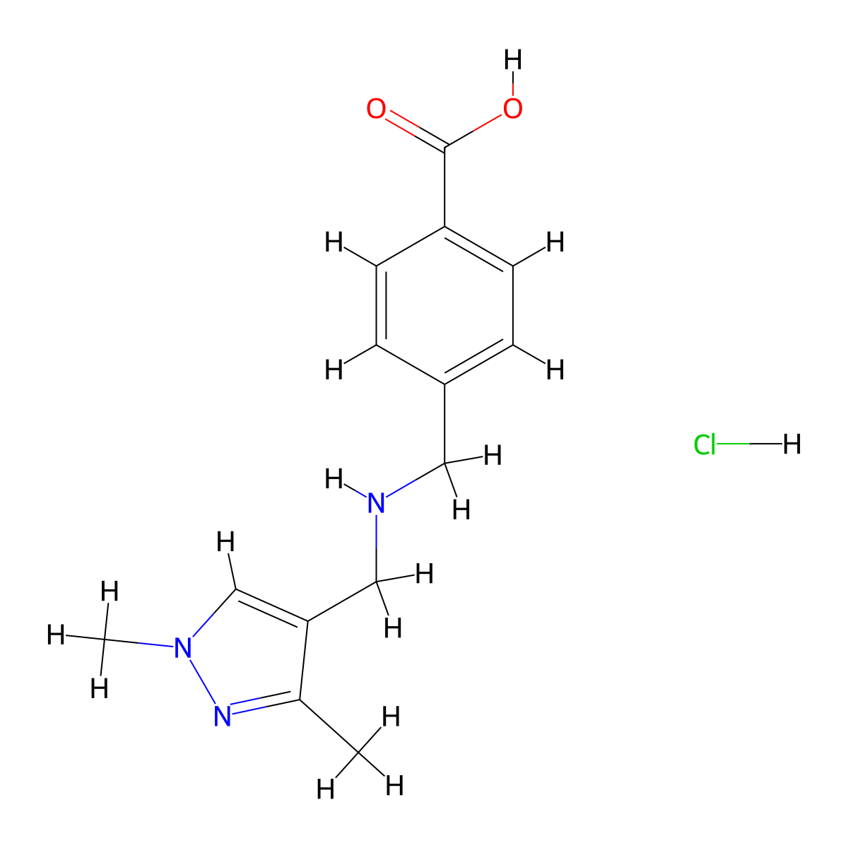 4-[[(1,3-Dimethylpyrazol-4-yl)methylamino]methyl]benzoic acid;hydrochloride molecular structure, CAS 1431965-38-6