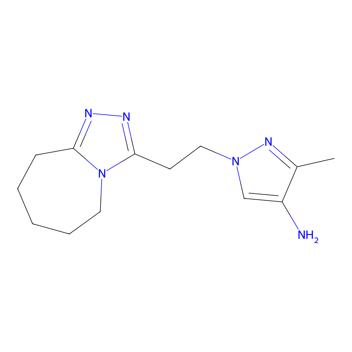 3-methyl-1-[2-(6,7,8,9-tetrahydro-5H-[1,2,4]triazolo[4,3-a]azepin-3-yl)ethyl]-1H-pyrazol-4-amine molecular structure, CAS 1431965-65-9