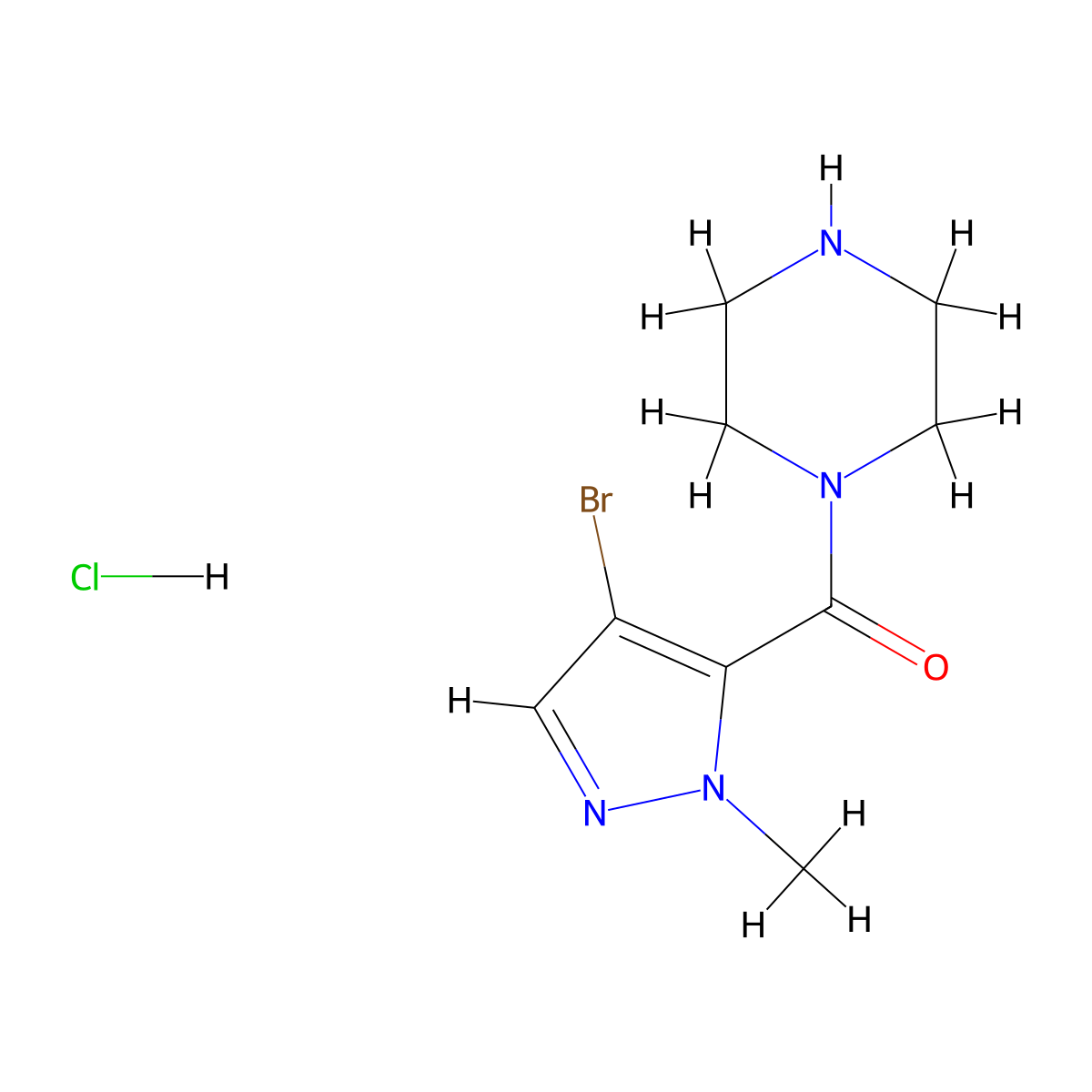 1-(4-bromo-1-methyl-1H-pyrazole-5-carbonyl)piperazine hydrochloride molecular structure, CAS 1431966-28-7