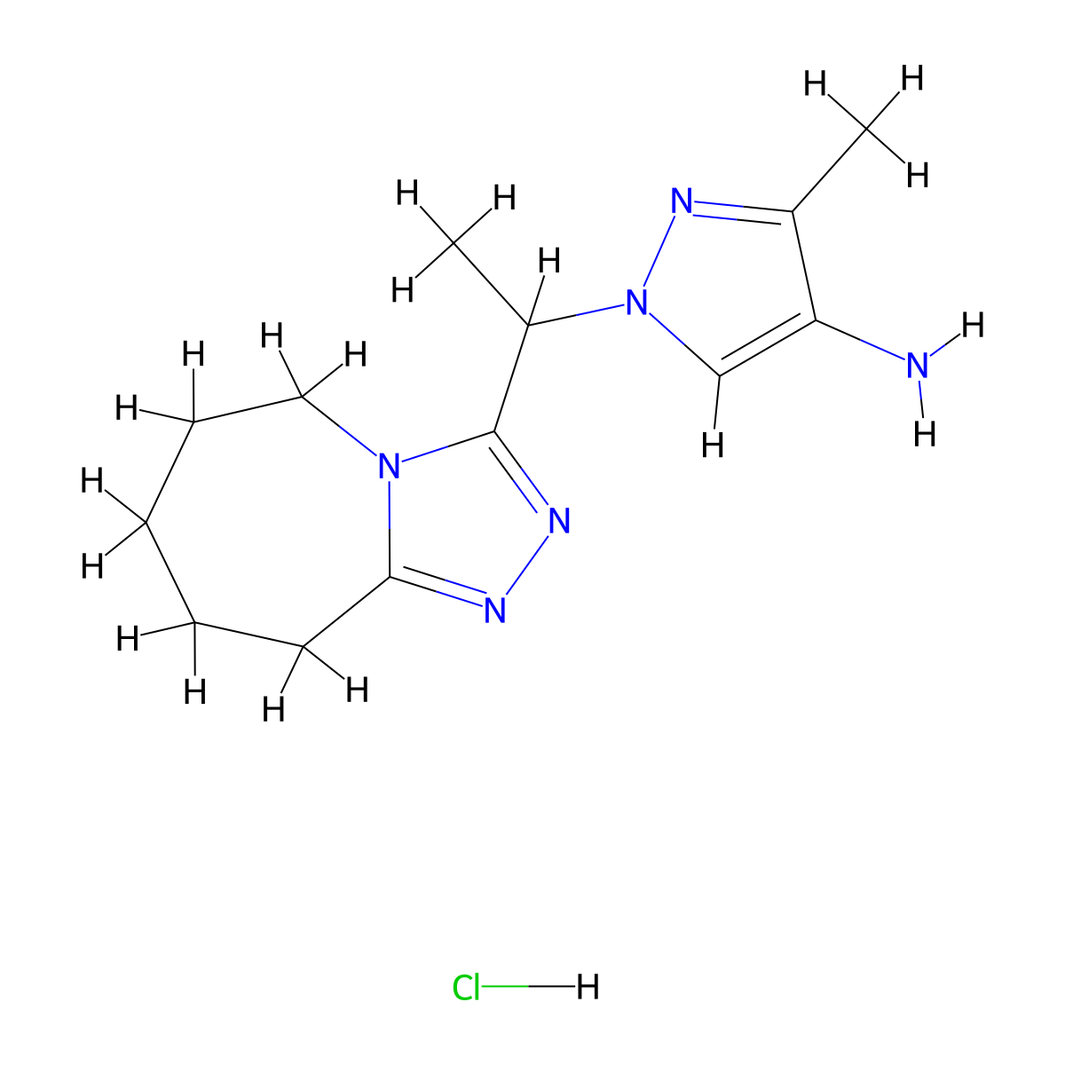 3-Methyl-1-[1-(6,7,8,9-tetrahydro-5H-[1,2,4]triazolo[4,3-a]azepin-3-yl)ethyl]-1h-pyrazol-4-amine hydrochloride molecular structure, CAS 1431966-49-2