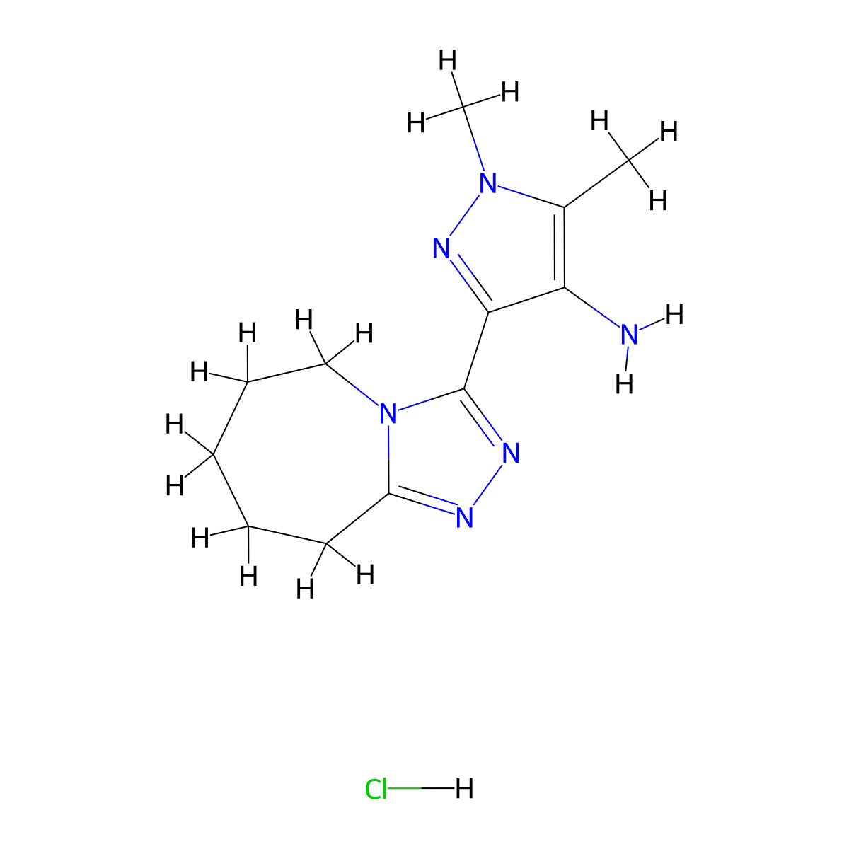1,5-Dimethyl-3-(6,7,8,9-tetrahydro-5H-[1,2,4]triazolo[4,3-a]azepin-3-yl)-1h-pyrazol-4-amine hydrochloride molecular structure, CAS 1431966-54-9
