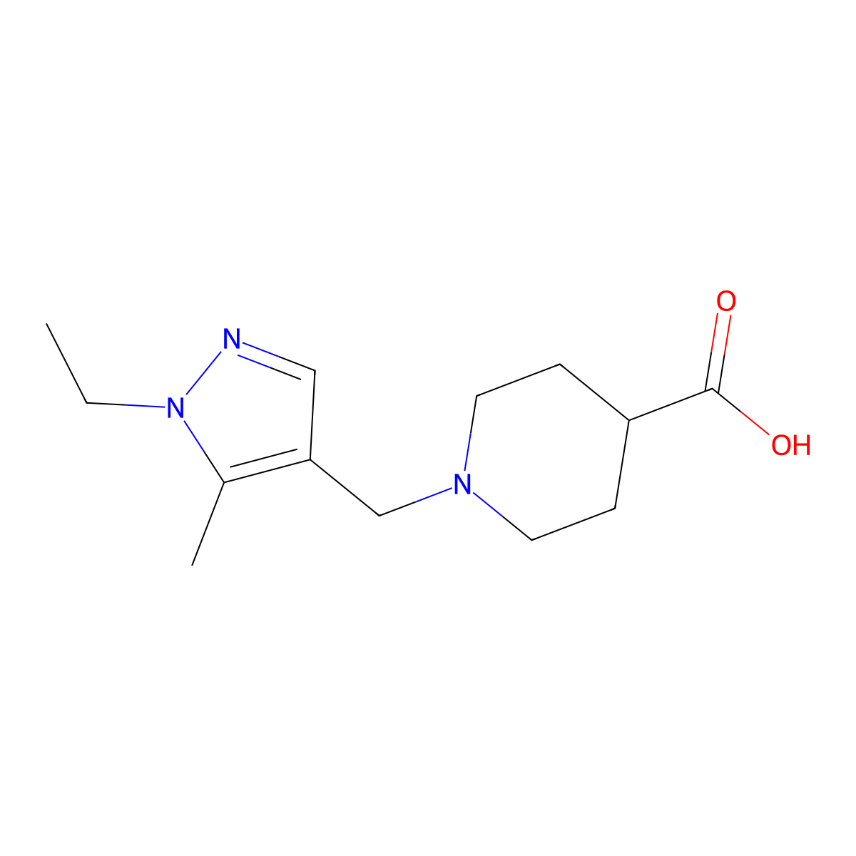 1-[(1-ethyl-5-methyl-1H-pyrazol-4-yl)methyl]piperidine-4-carboxylic acid molecular structure, CAS 1431970-12-5