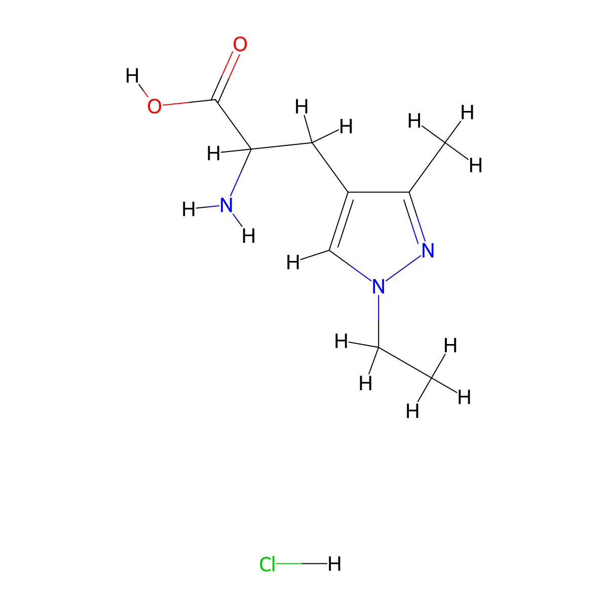 2-amino-3-(1-ethyl-3-methyl-1H-pyrazol-4-yl)propanoic acid hydrochloride molecular structure, CAS 1432025-82-5