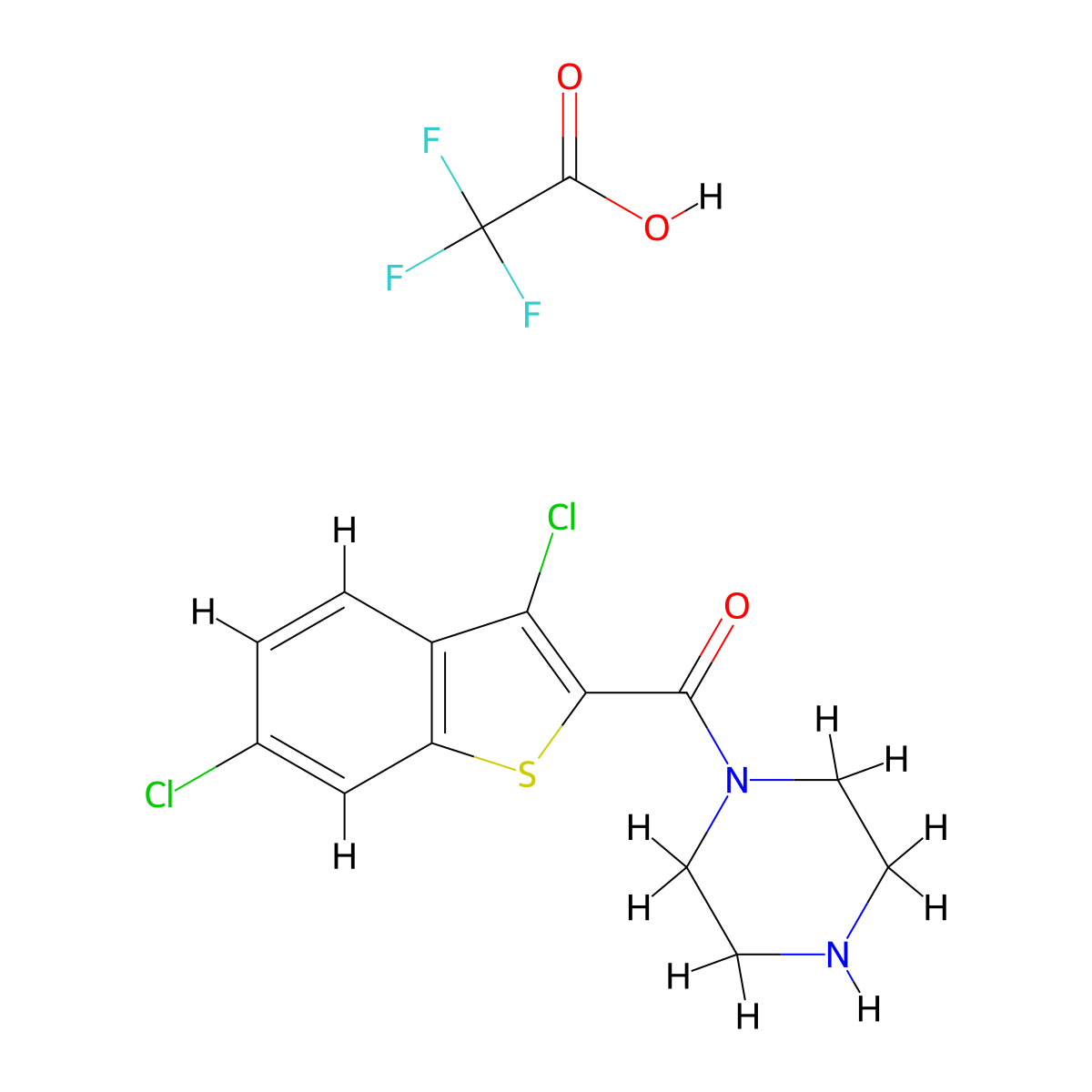 (3,6-Dichlorobenzothiophen-2-yl)-piperazin-1-yl-methanone 2,2,2-trifluoroacetic acid molecular structure, CAS 1432029-13-4