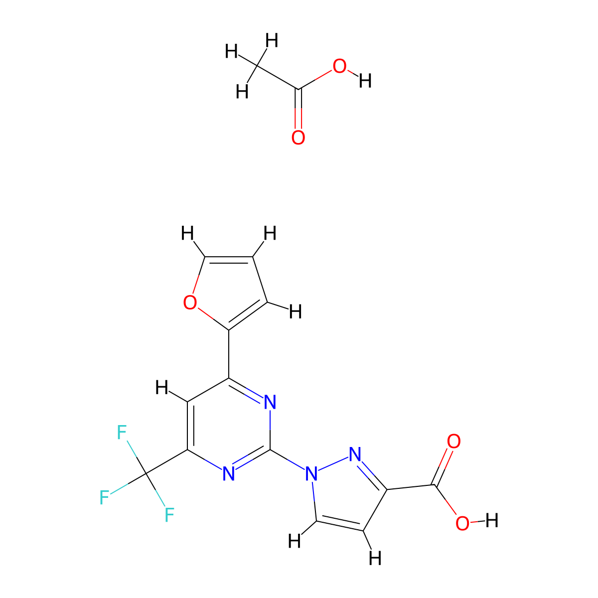 1-[4-(2-Furyl)-6-(trifluoromethyl)pyrimidin-2-yl]-1H-pyrazole-3-carboxylic acid acetate molecular structure, CAS 1432029-52-1