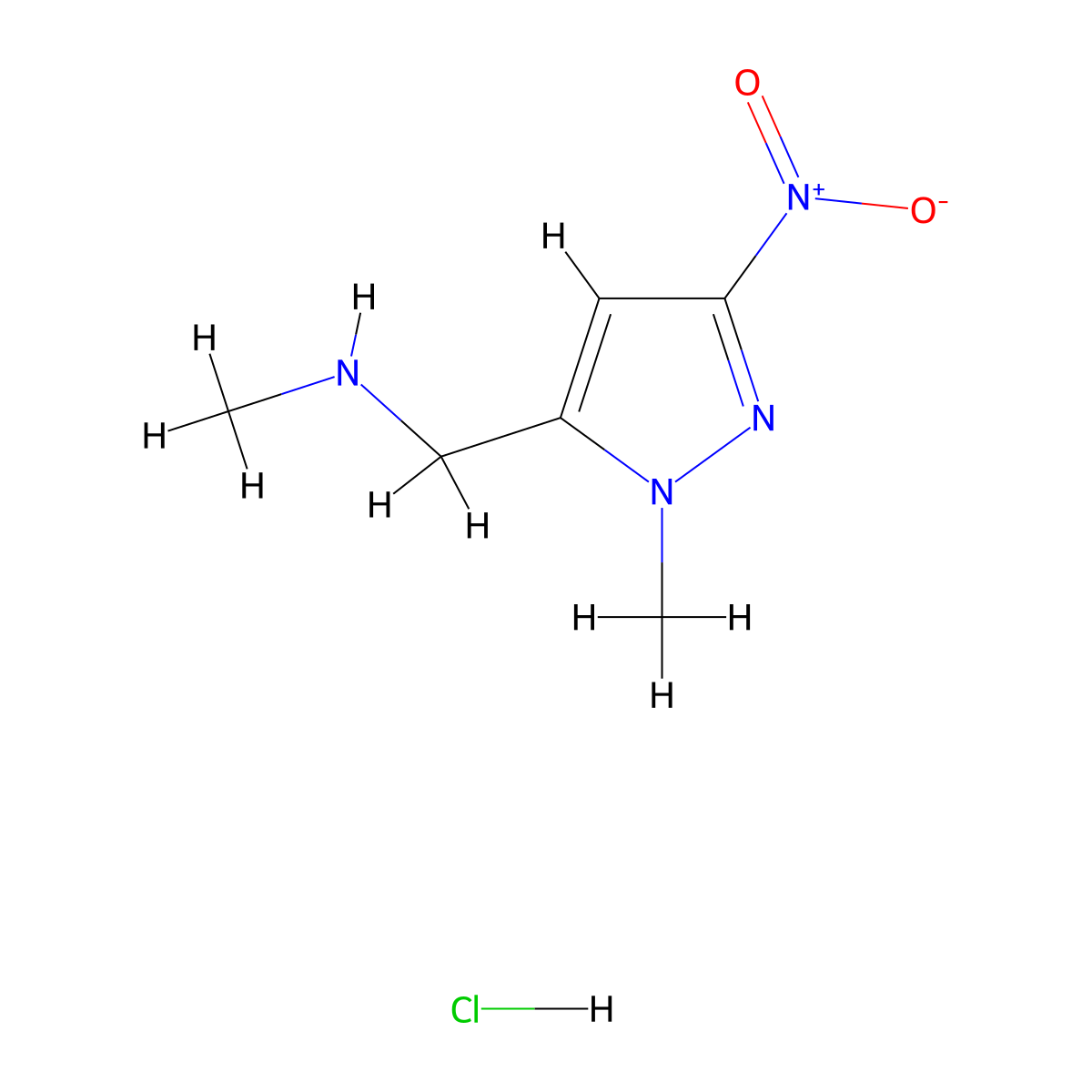 Methyl[(1-methyl-3-nitro-1H-pyrazol-5-yl)methyl]amine hydrochloride molecular structure, CAS 1432030-33-5