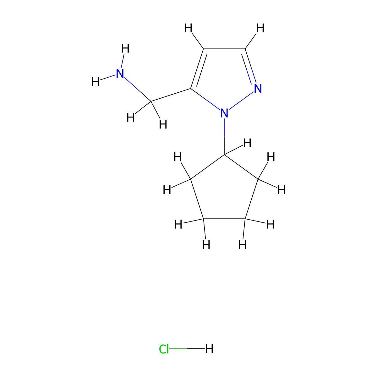 (1-cyclopentyl-1H-pyrazol-5-yl)methanamine hydrochloride molecular structure, CAS 1432030-48-2