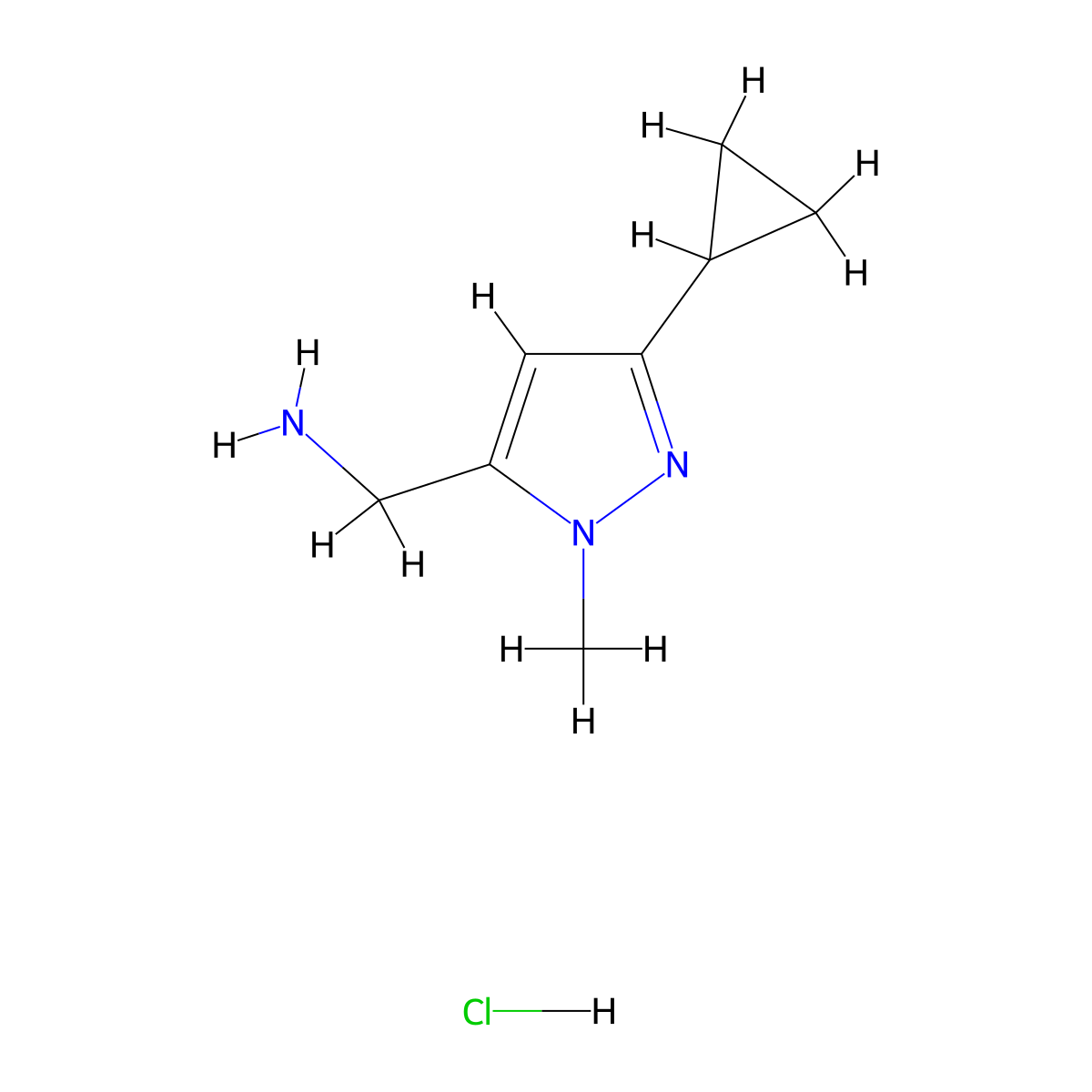 1-(3-Cyclopropyl-1-methyl-1H-pyrazol-5-yl)methanamine hydrochloride molecular structure, CAS 1432031-60-1