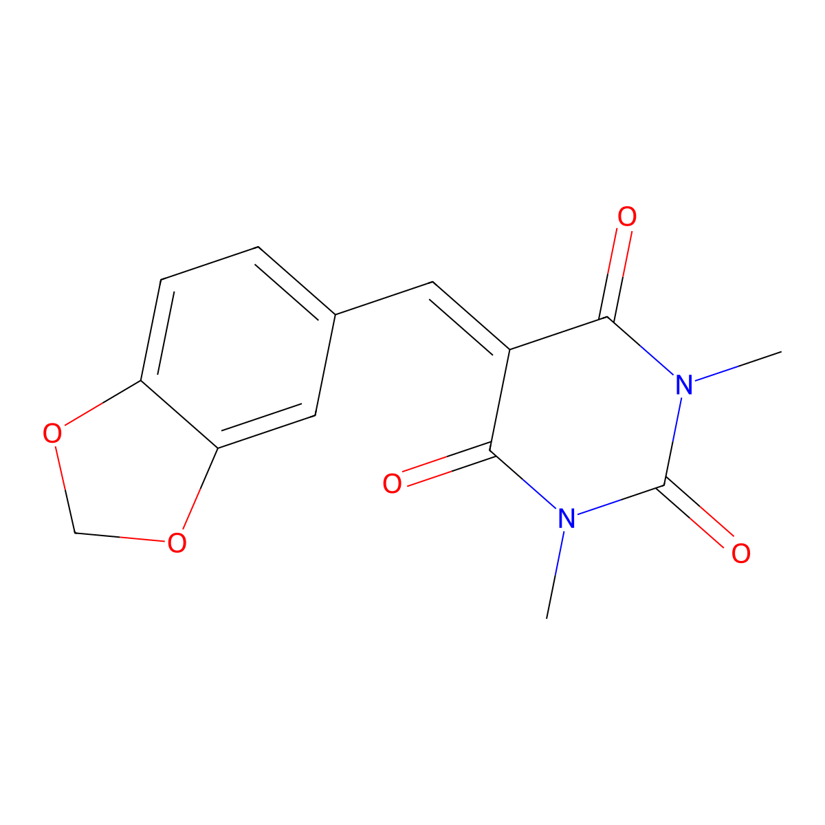 5-Benzo[1,3]dioxol-5-ylmethylene-1,3-dimethyl-pyrimidine-2,4,6-trione molecular structure, CAS 143208-55-3
