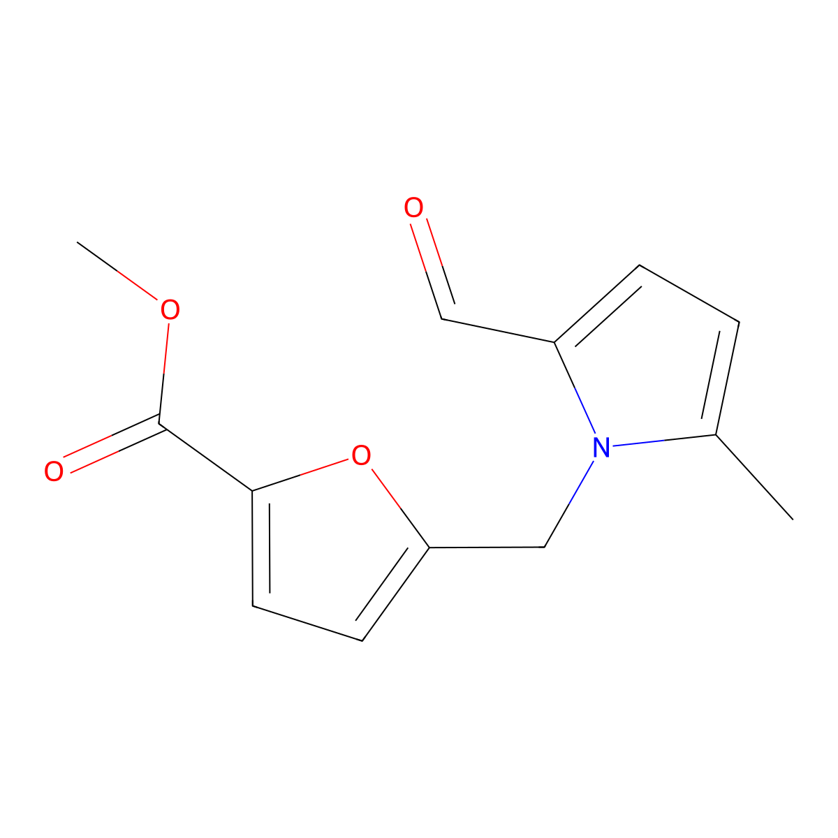 methyl 5-((2-formyl-5-methyl-1H-pyrrol-1-yl)methyl)furan-2-carboxylate molecular structure, CAS 1432100-72-5