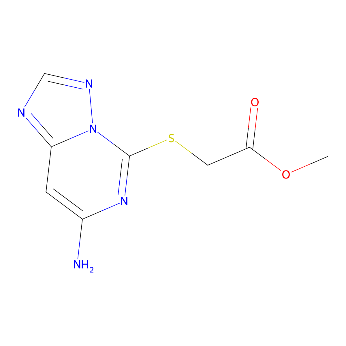 Acetic acid, ((7-amino-(1,2,4)triazolo(1,5-c)pyrimidin-5-yl)thio)-, methyl ester molecular structure, CAS 143212-79-7