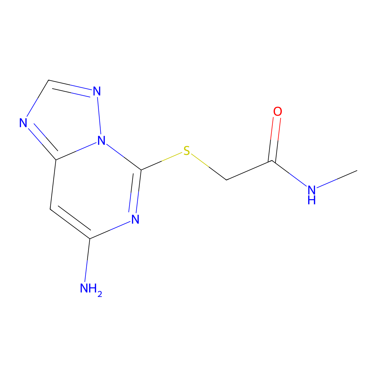 Acetamide, 2-((7-amino(1,2,4)triazolo(1,5-c)pyrimidin-5-yl)thio)-N-methyl- molecular structure, CAS 143212-82-2
