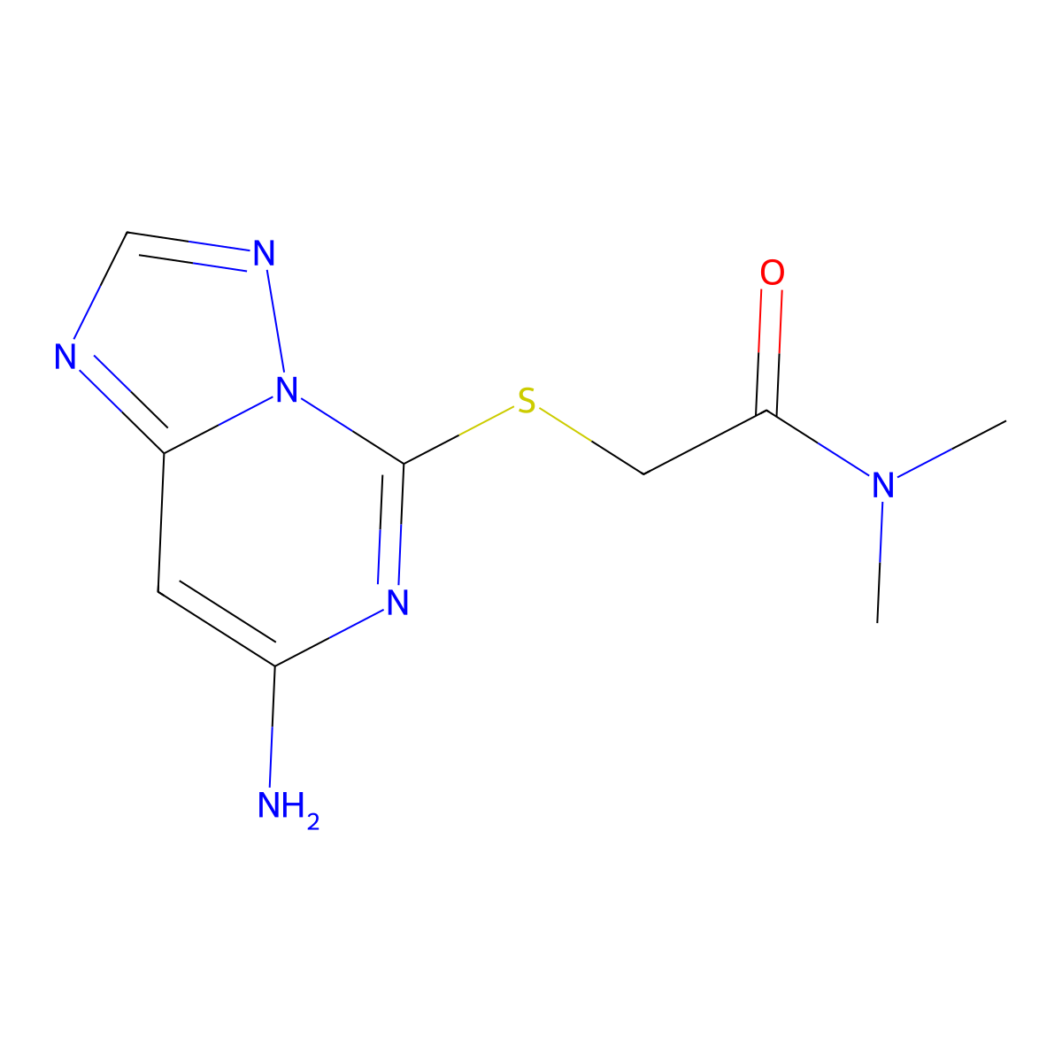 Acetamide, 2-((7-amino(1,2,4)triazolo(1,5-c)pyrimidin-5-yl)thio)-N,N-dimethyl- molecular structure, CAS 143212-83-3