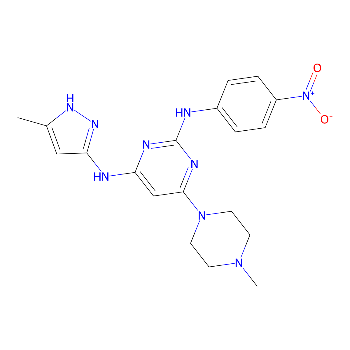 N4-(5-Methyl-1H-pyrazol-3-yl)-6-(4-methylpiperazin-1-yl)-N2-(4-nitrophenyl)pyrimidine-2,4-diamine molecular structure, CAS 1432515-73-5
