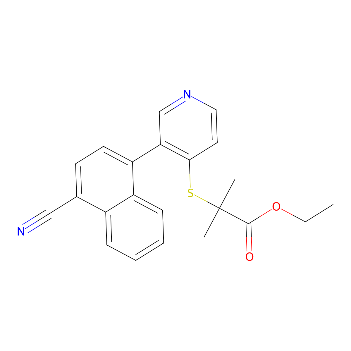 Ethyl 2-((3-(4-cyanonaphthalen-1-yl)pyridin-4-yl)thio)-2-methylpropanoate molecular structure, CAS 1432589-51-9