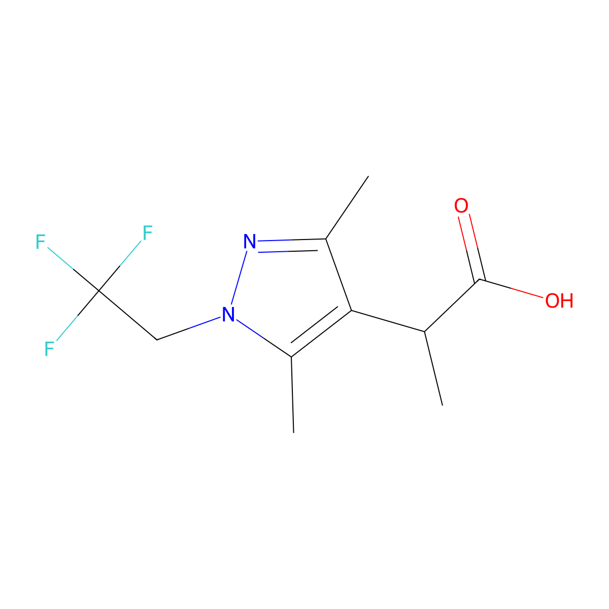 2-[3,5-dimethyl-1-(2,2,2-trifluoroethyl)-1H-pyrazol-4-yl]propanoic acid molecular structure, CAS 1432679-18-9