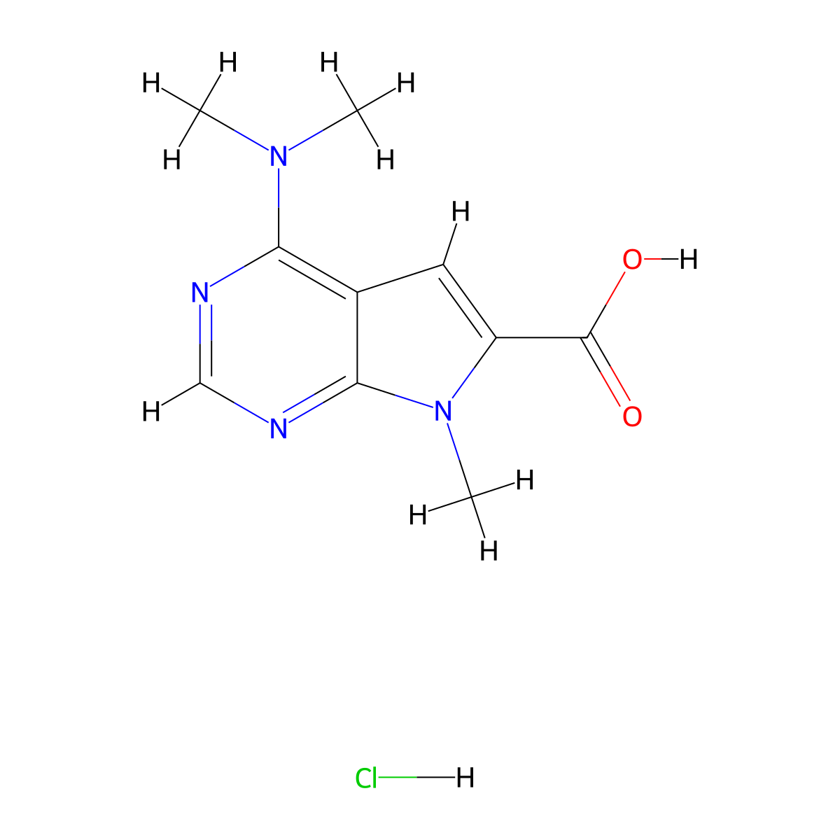 4-(dimethylamino)-7-methyl-7H-pyrrolo[2,3-d]pyrimidine-6-carboxylic acid hydrochloride molecular structure, CAS 1432681-71-4