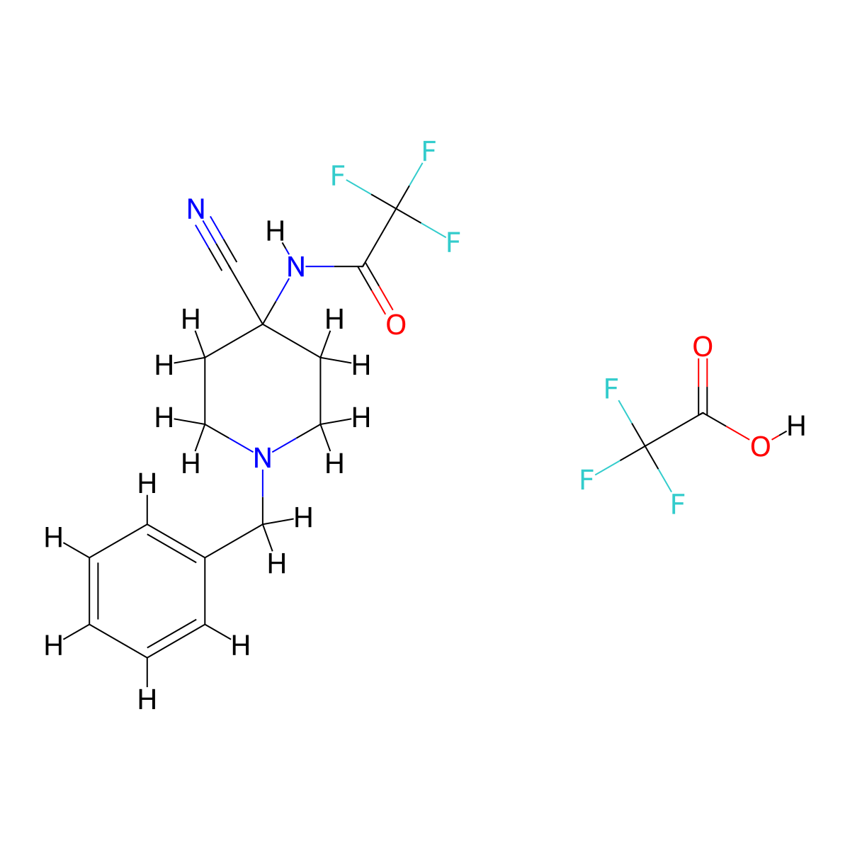 N-(1-benzyl-4-cyanopiperidin-4-yl)-2,2,2-trifluoroacetamide; trifluoroacetic acid molecular structure, CAS 1432682-00-2
