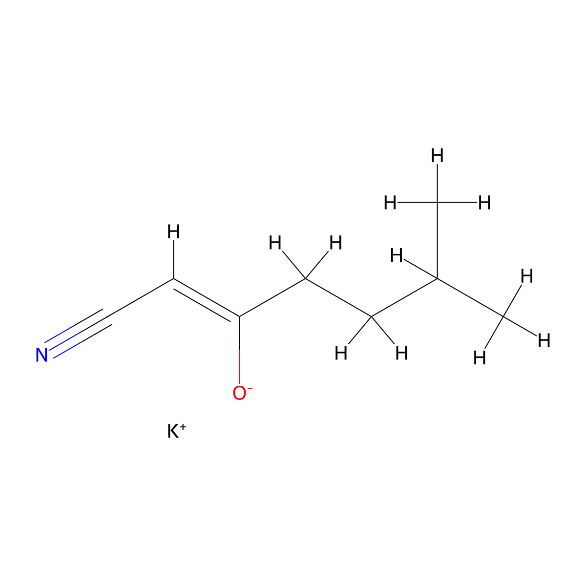 Potassium 1-cyano-5-methylhex-1-en-2-olate molecular structure, CAS 1432684-10-0