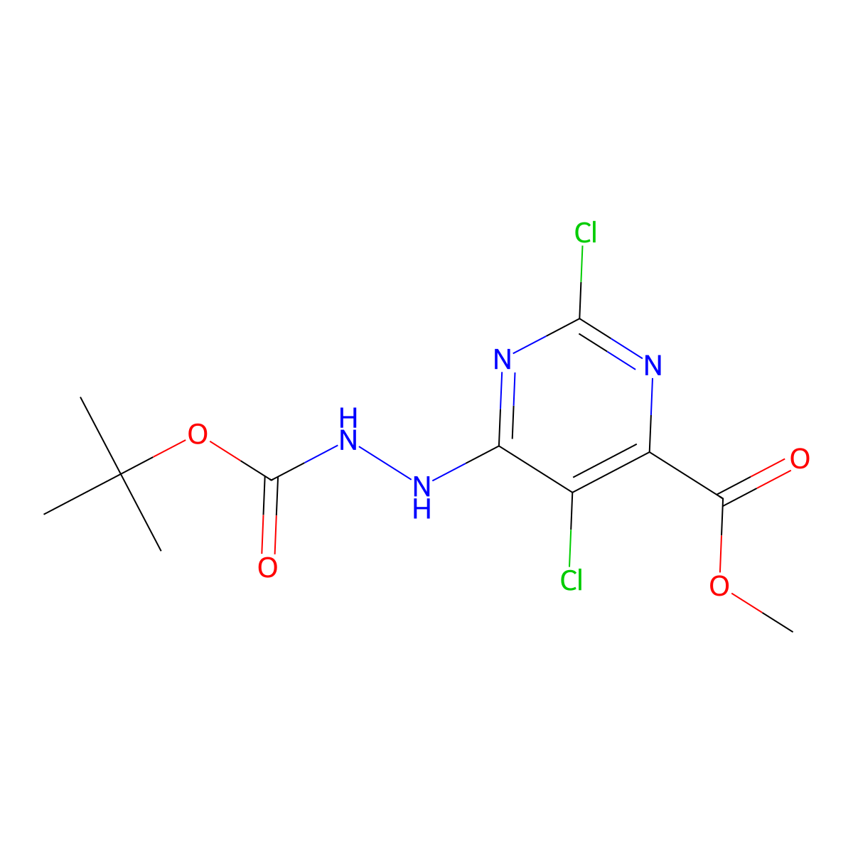 Methyl 6-((((tert-butoxy)carbonyl)amino)amino)-2,5-dichloropyrimidine-4-carboxylate molecular structure, CAS 1432892-68-6