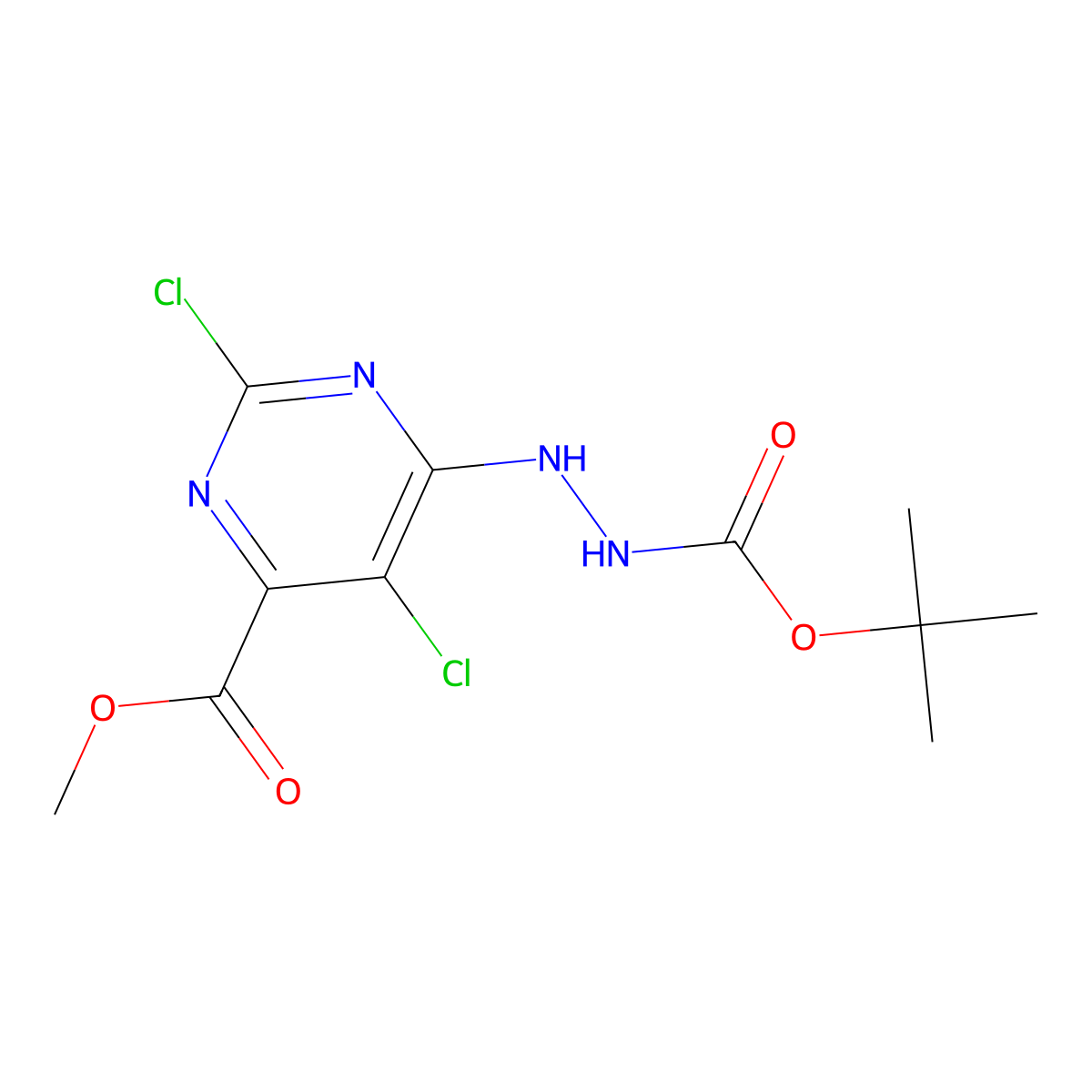 Methyl 6-((((tert-butoxy)carbonyl)amino)amino)-2,5-dichloropyrimidine-4-carboxylate molecular structure, CAS 1432892-68-6