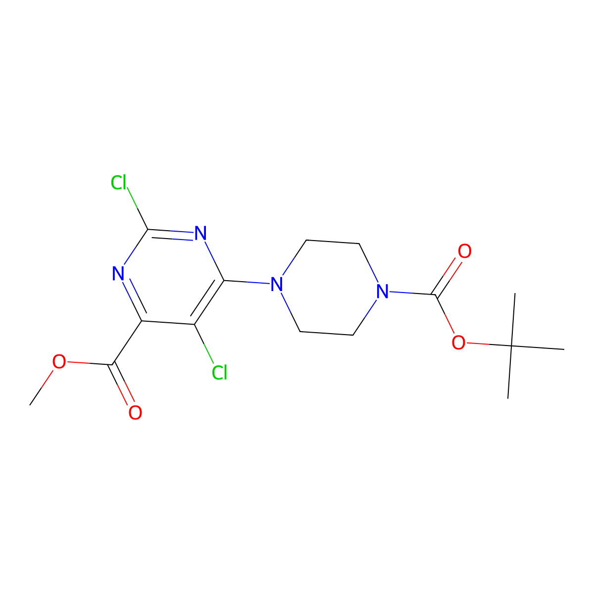 Methyl 6-(4-((tert-butoxy)carbonyl)piperazin-1-yl)-2,5-dichloropyrimidine-4-carboxylate molecular structure, CAS 1432896-19-9