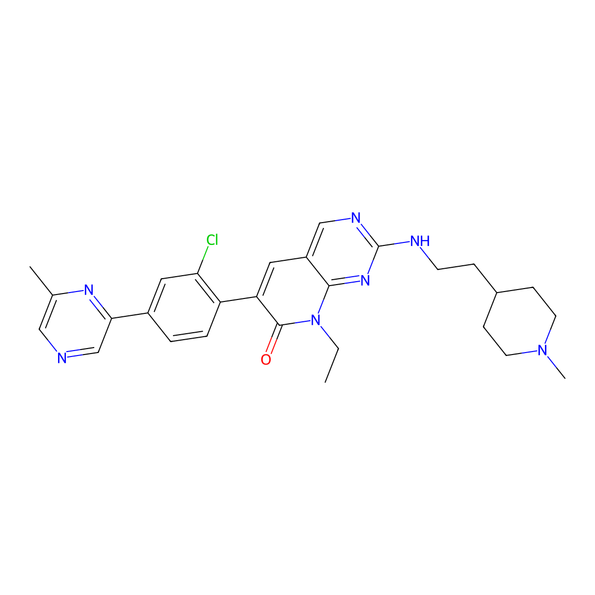 6-(2-chloro-4-(6-methylpyrazin-2-yl)phenyl)-8-ethyl-2-((2-(1-methylpiperidin-4-yl)ethyl)amino)pyrido[2,3-d]pyrimidin-7(8H)-one molecular structure, CAS 1432908-05-8