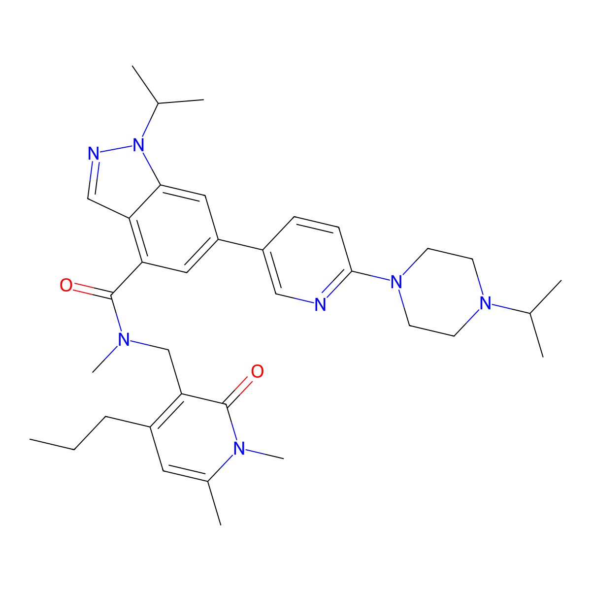 N-[(1,2-Dihydro-1,6-dimethyl-2-oxo-4-propyl-3-pyridinyl)methyl]-N-methyl-1-(1-methylethyl)-6-[6-[4-(1-methylethyl)-1-piperazinyl]-3-pyridinyl]-1H-indazole-4-carboxamide molecular structure, CAS 1433200-49-7