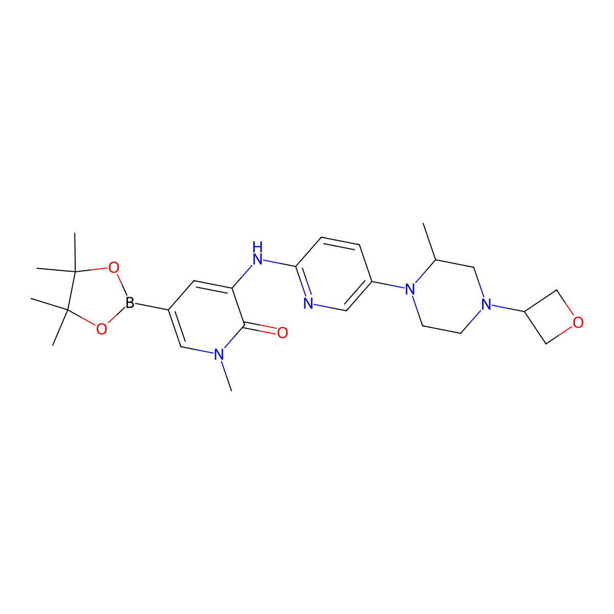 1-methyl-3-[[5-[(2R)-2-methyl-4-(oxetan-3-yl)piperazin-1-yl]-2-pyridyl]amino]-5-(4,4,5,5-tetramethyl-1,3,2-dioxaborolan-2-yl)pyridin-2-one molecular structure, CAS 1433849-94-5