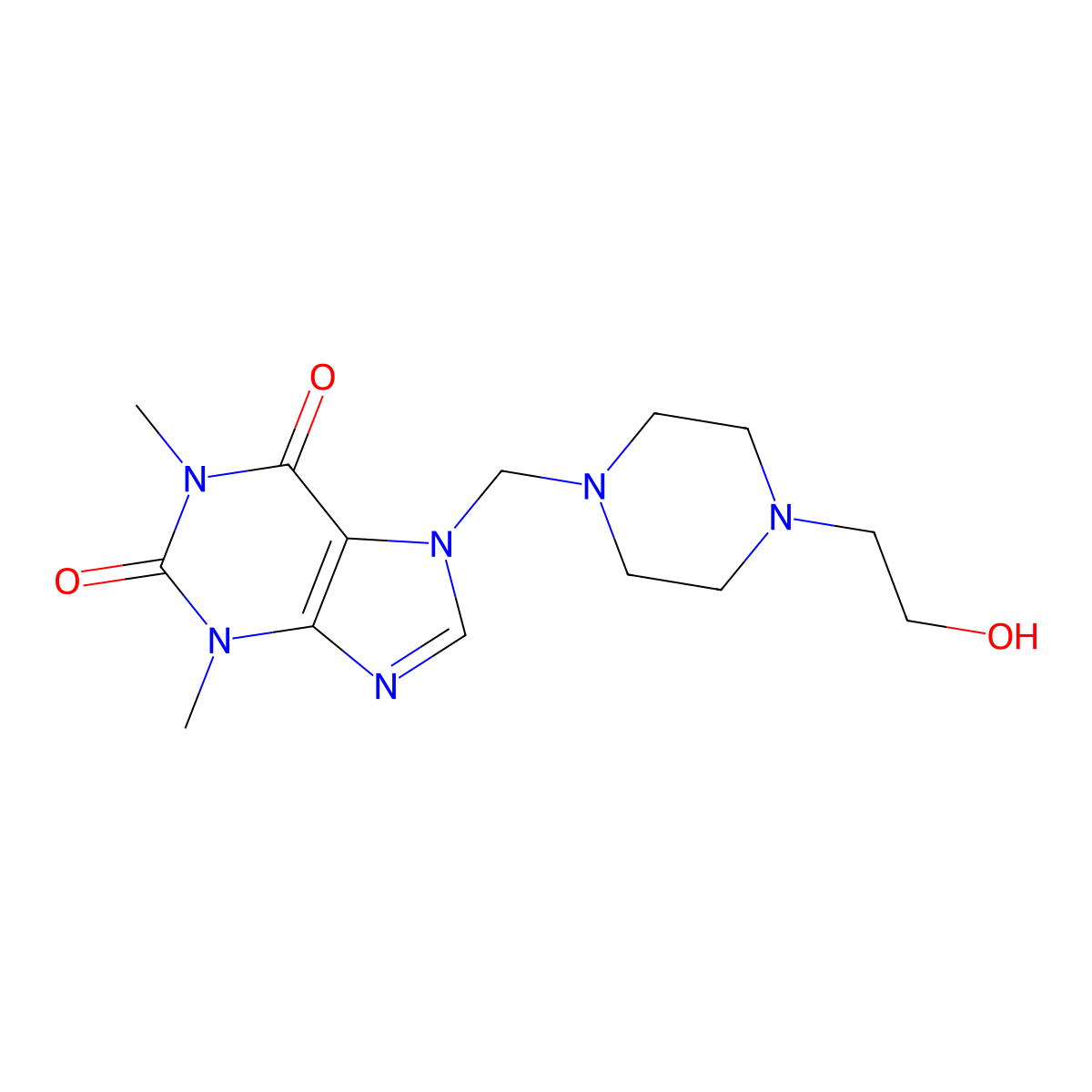 7-((4-(2-hydroxyethyl)piperazin-1-yl)methyl)-1,3-dimethyl-1H-purine-2,6(3H,7H)-dione molecular structure, CAS 14340-40-0