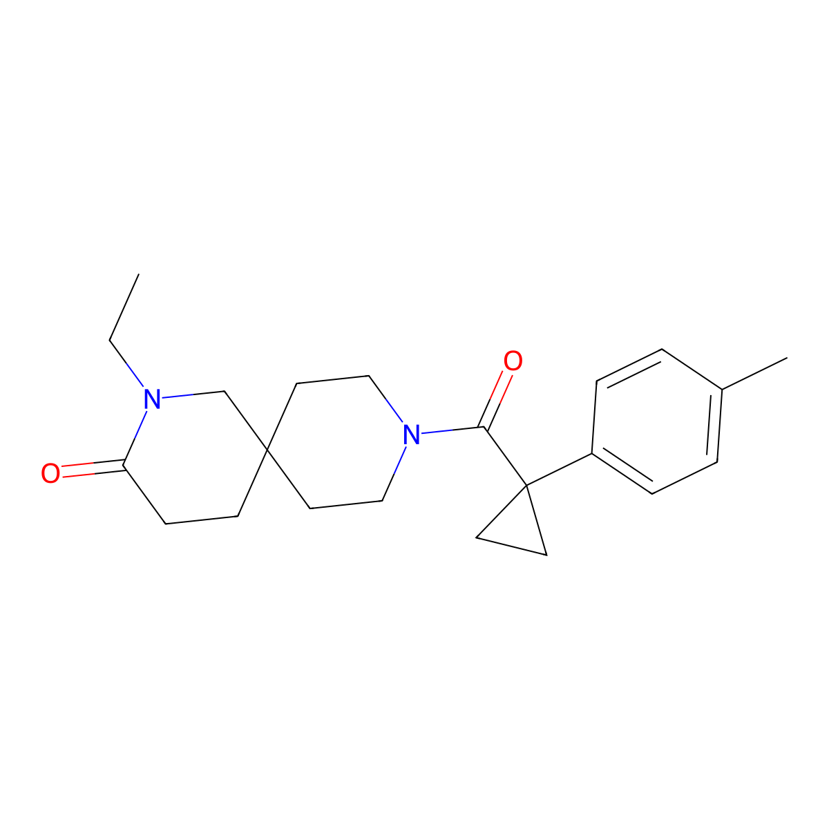 2,9-Diazaspiro[5.5]undecan-3-one, 2-ethyl-9-[[1-(4-methylphenyl)cyclopropyl]carbonyl]- molecular structure, CAS 1434400-01-7